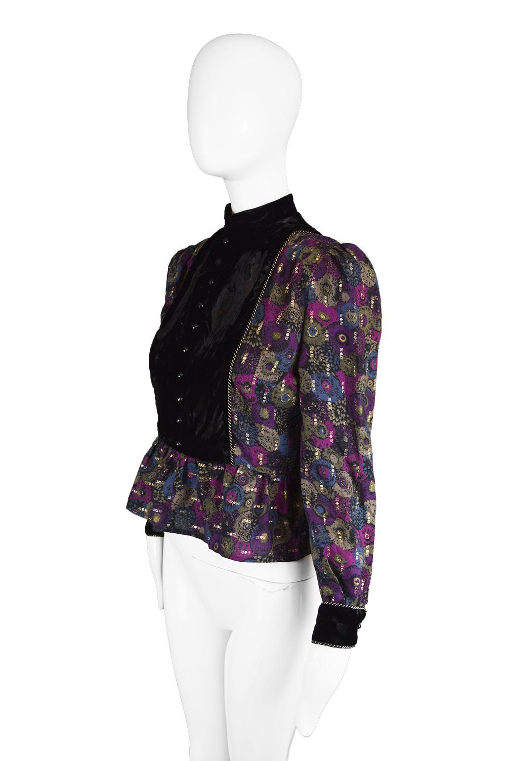 Nina Ricci Boutique Vintage Women's Silk Velvet, Wool & Lamé Shirt Blouse, 1970s 2