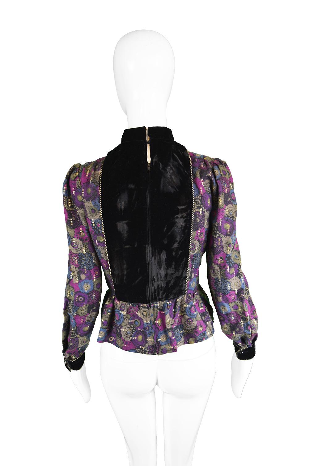 Nina Ricci Boutique Vintage Women's Silk Velvet, Wool & Lamé Shirt Blouse, 1970s 3