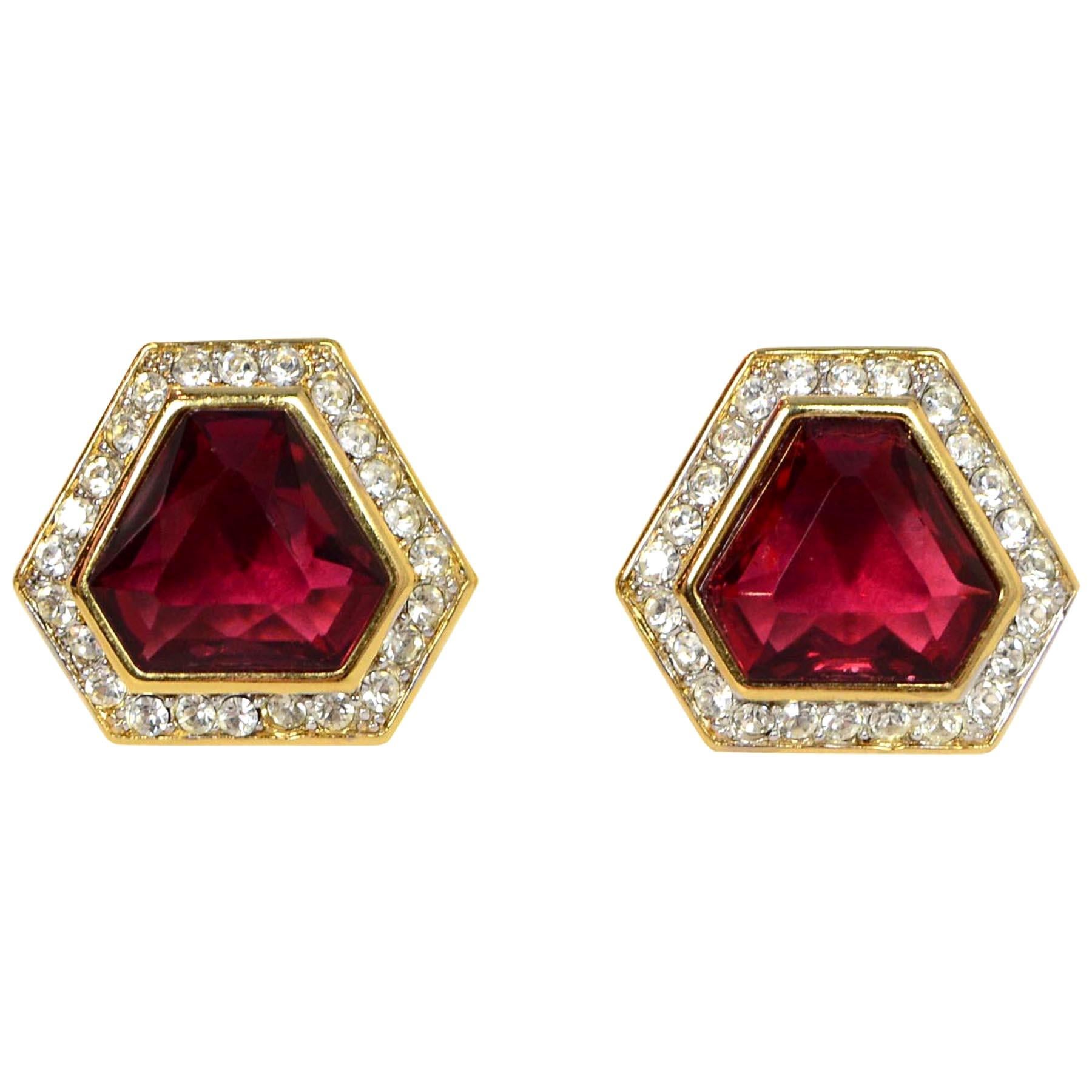 Nina Ricci Burgundy Clip On Earrings W/ Crystals