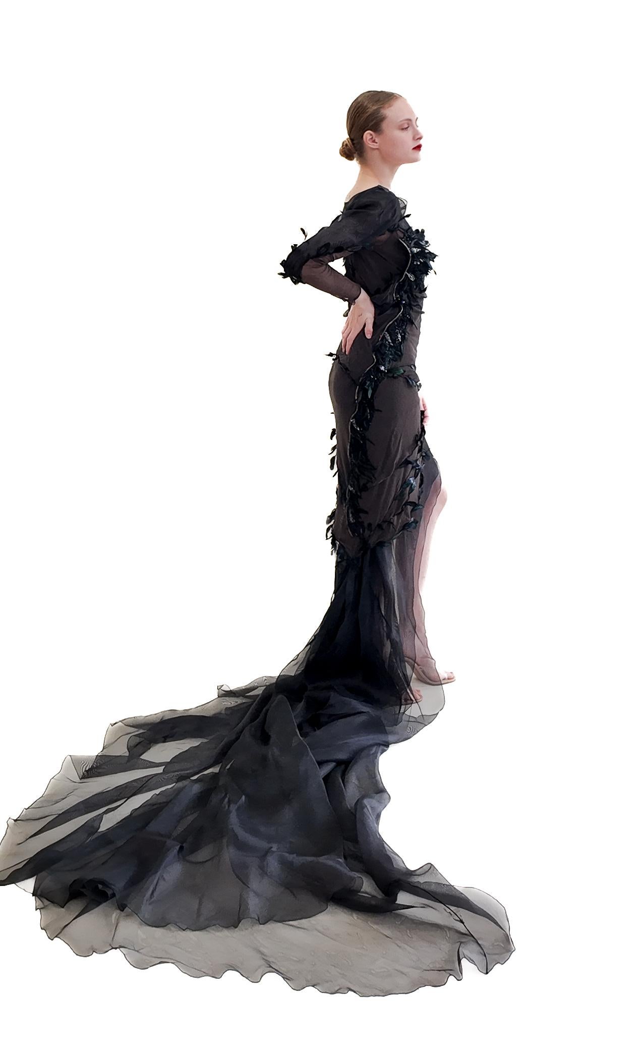 Black Nina Ricci by Olivier Theyskens Spring 2009 Brown Feather Gown For Sale
