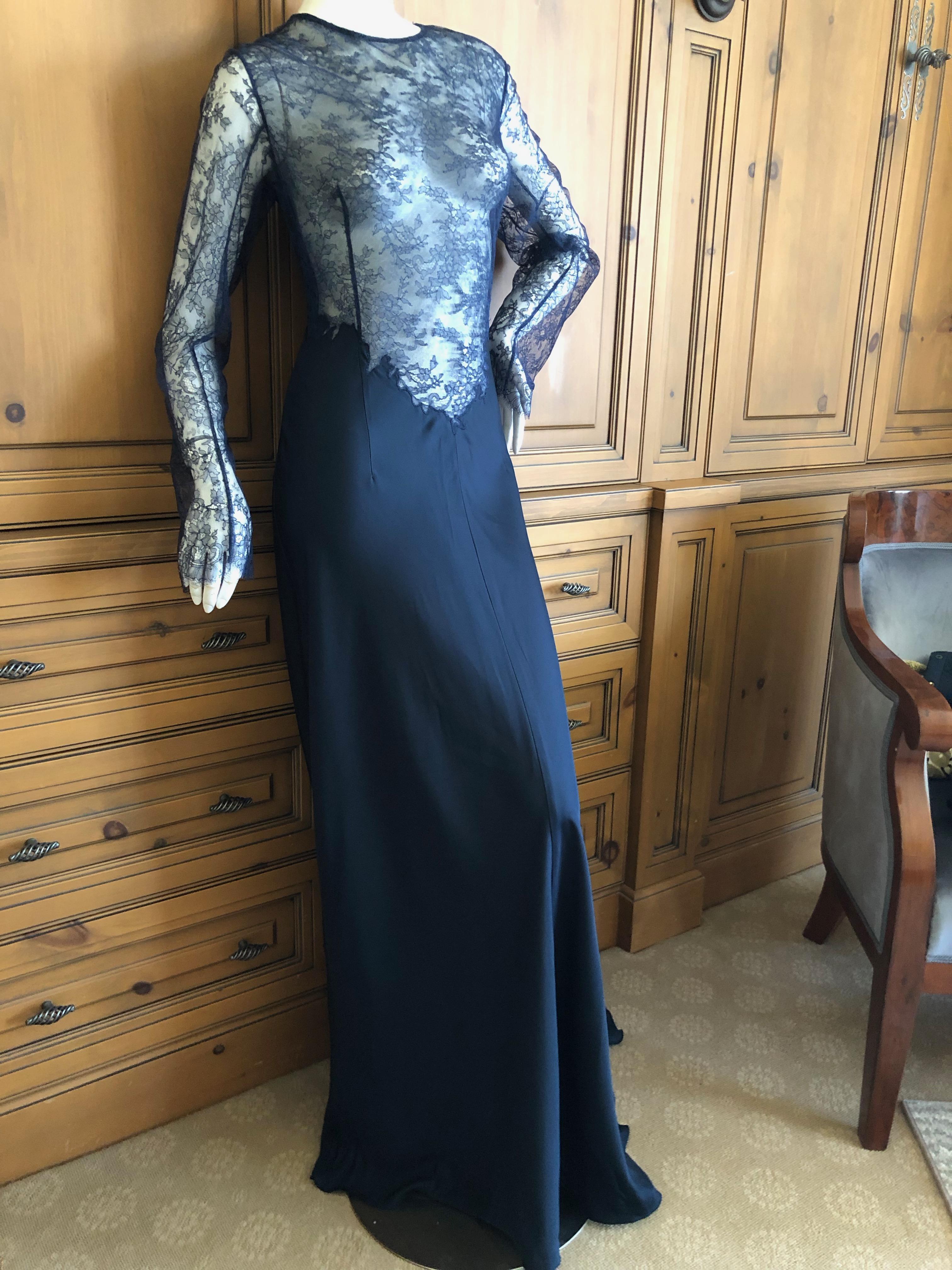 Nina Ricci Exquisite Navy Blue Sheer Lace Evening Dress with Train
By Peter Copping
They were not widely produced , and rarely come up on the market.
Size 40, this runs quite large
 Bust 40