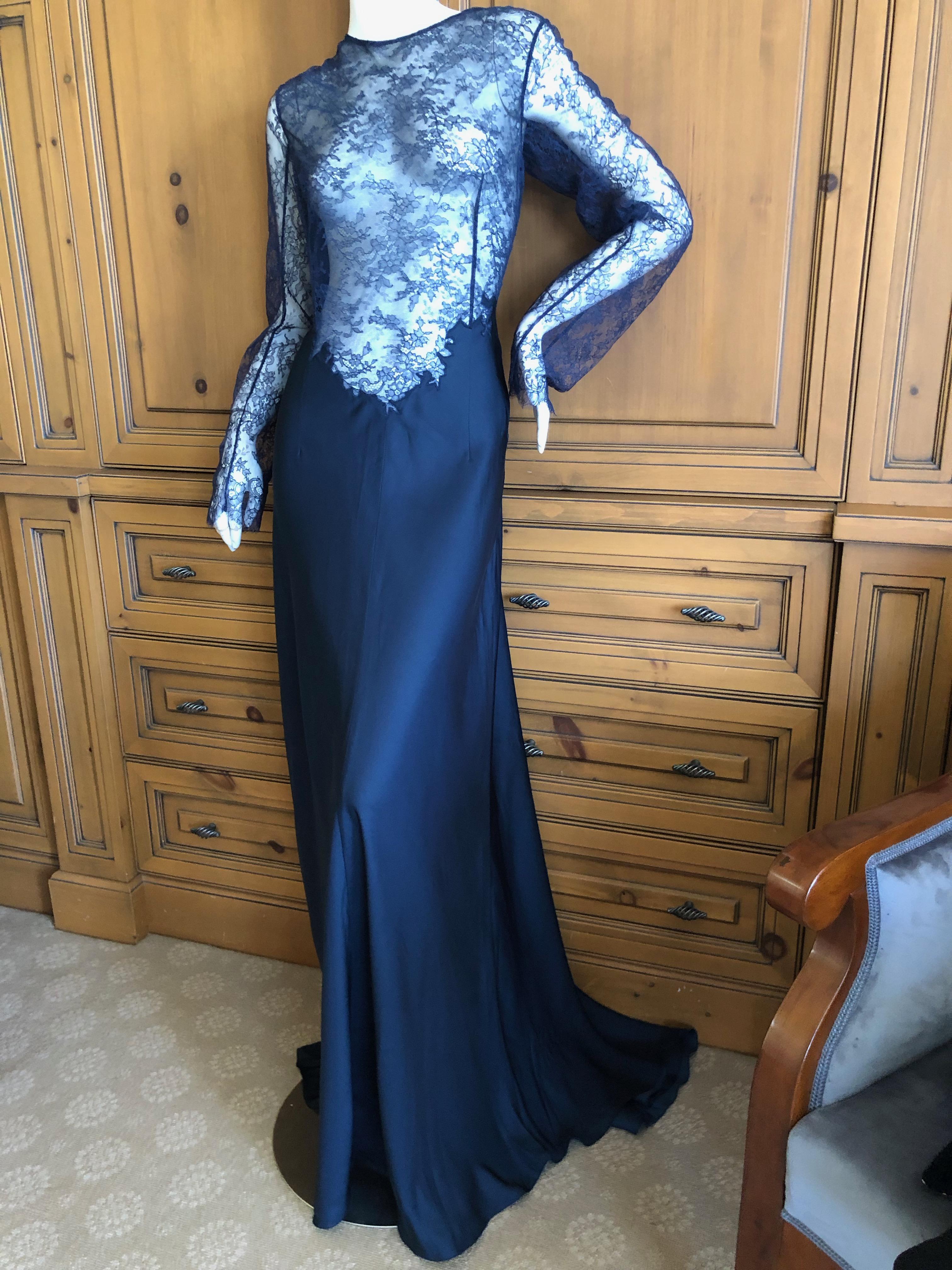 Black Nina Ricci by Peter Copping Navy Blue Sheer Lace Evening Dress with Train