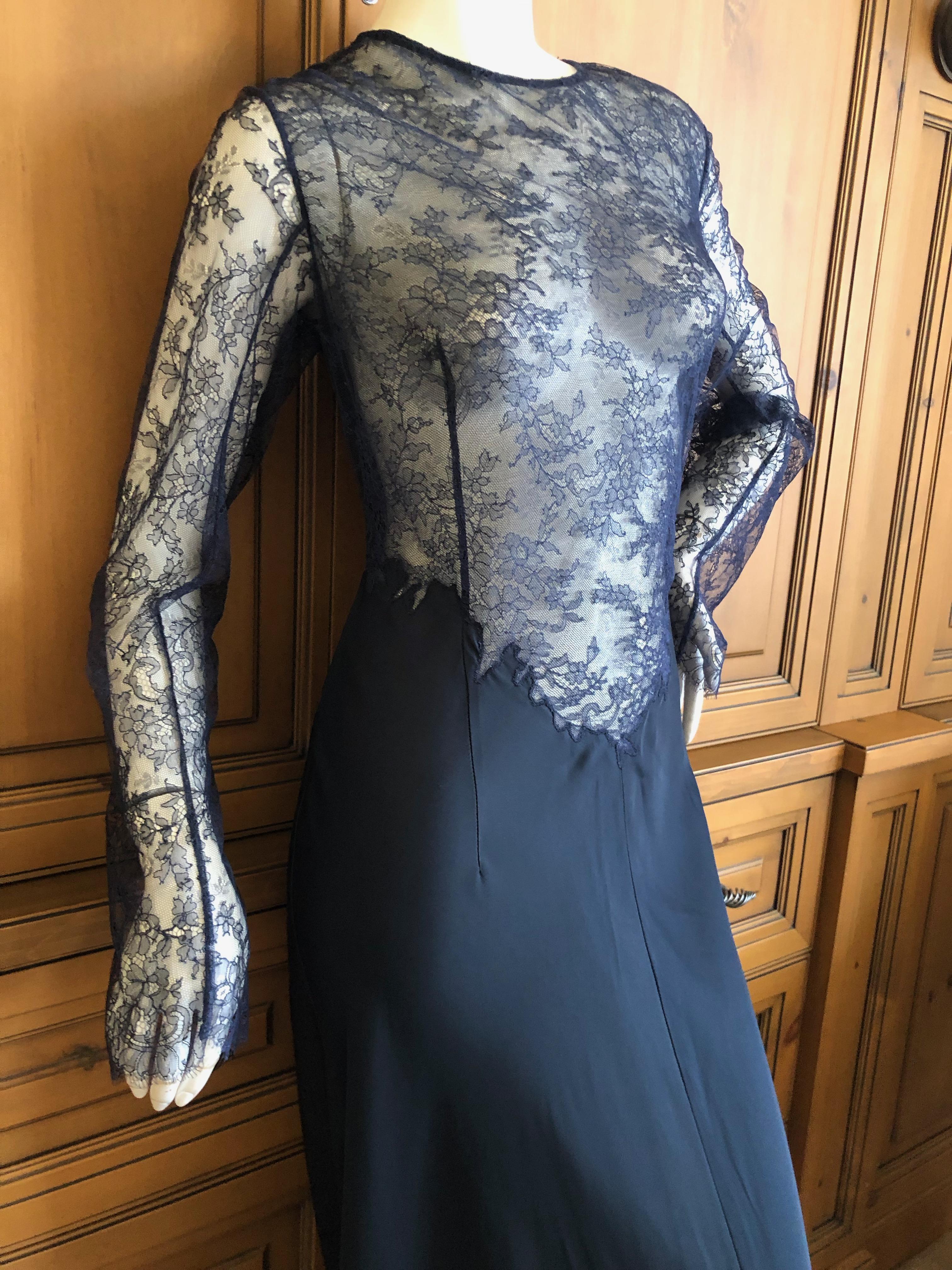Nina Ricci by Peter Copping Navy Blue Sheer Lace Evening Dress with Train In Excellent Condition In Cloverdale, CA