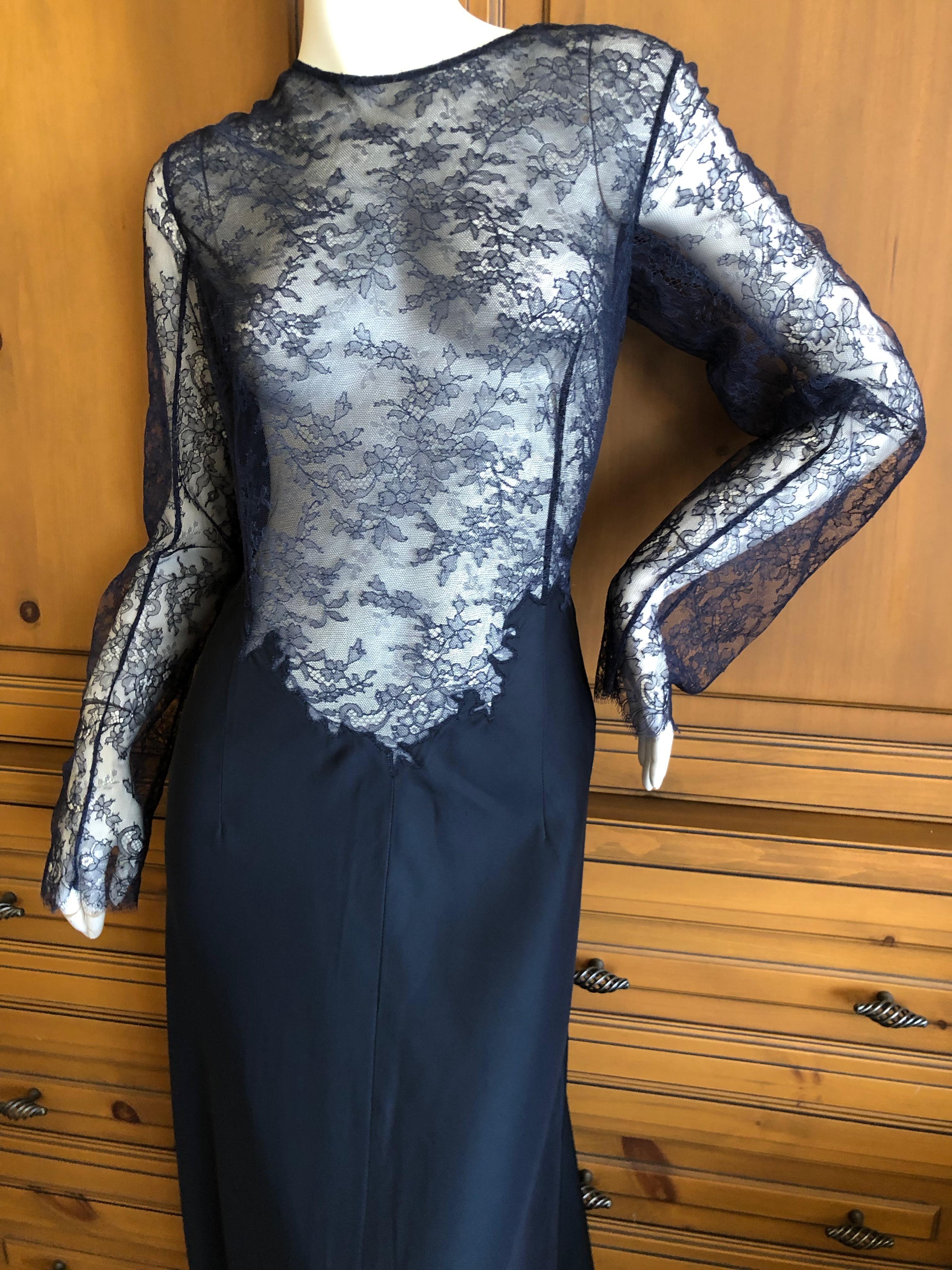 Women's Nina Ricci by Peter Copping Navy Blue Sheer Lace Evening Dress with Train