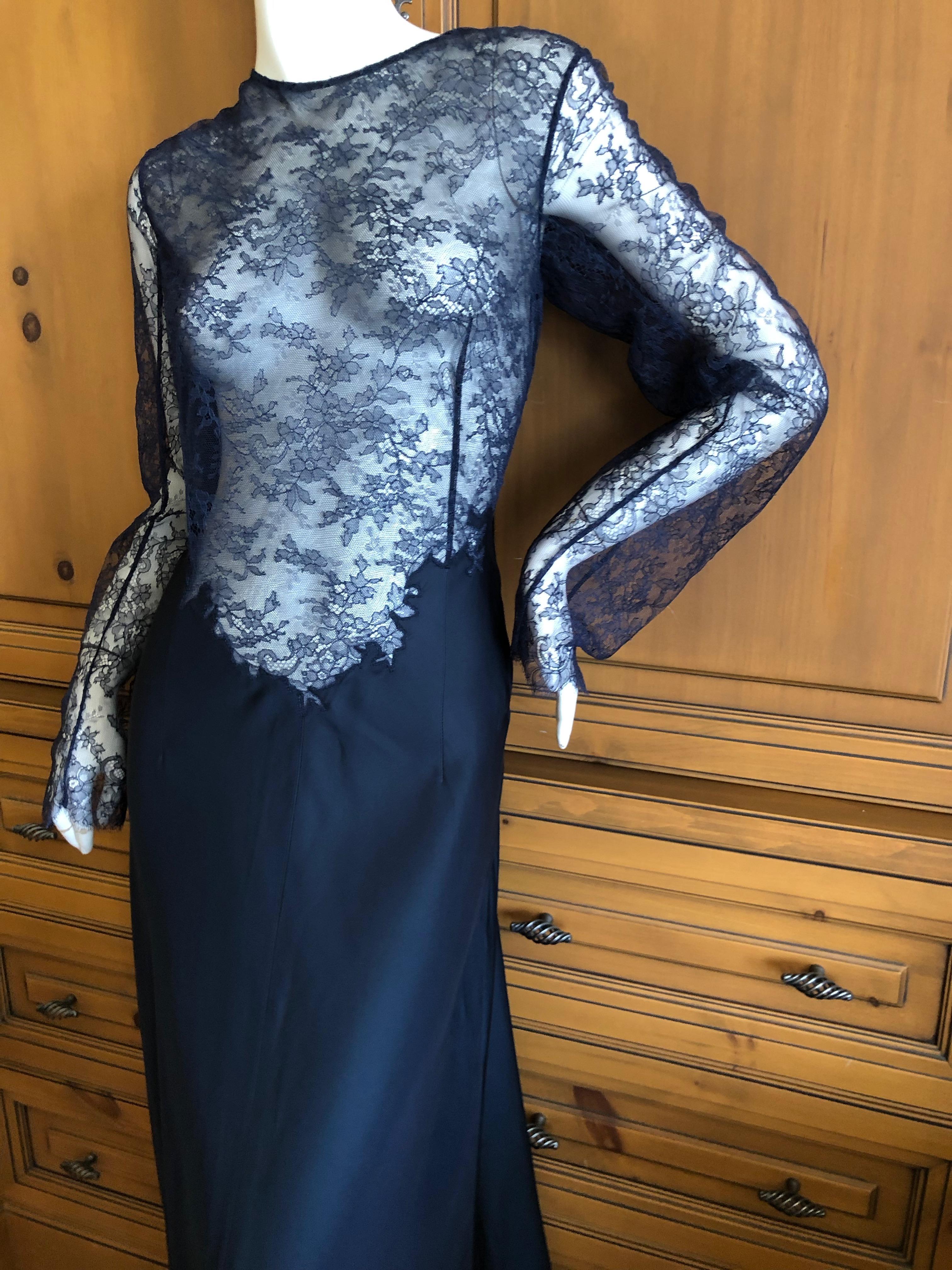 Nina Ricci by Peter Copping Navy Blue Sheer Lace Evening Dress with Train 1