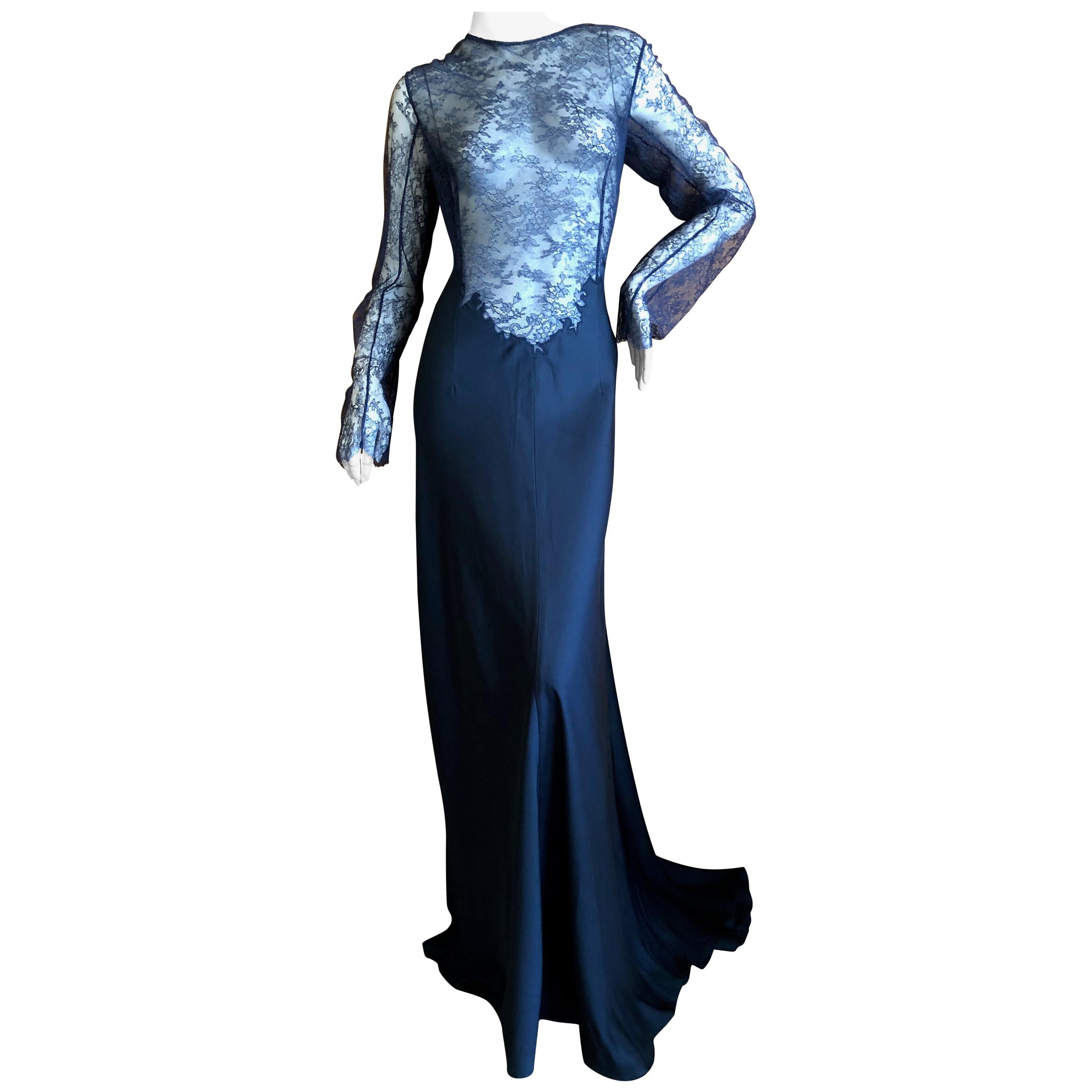 Nina Ricci by Peter Copping Navy Blue Sheer Lace Evening Dress with Train