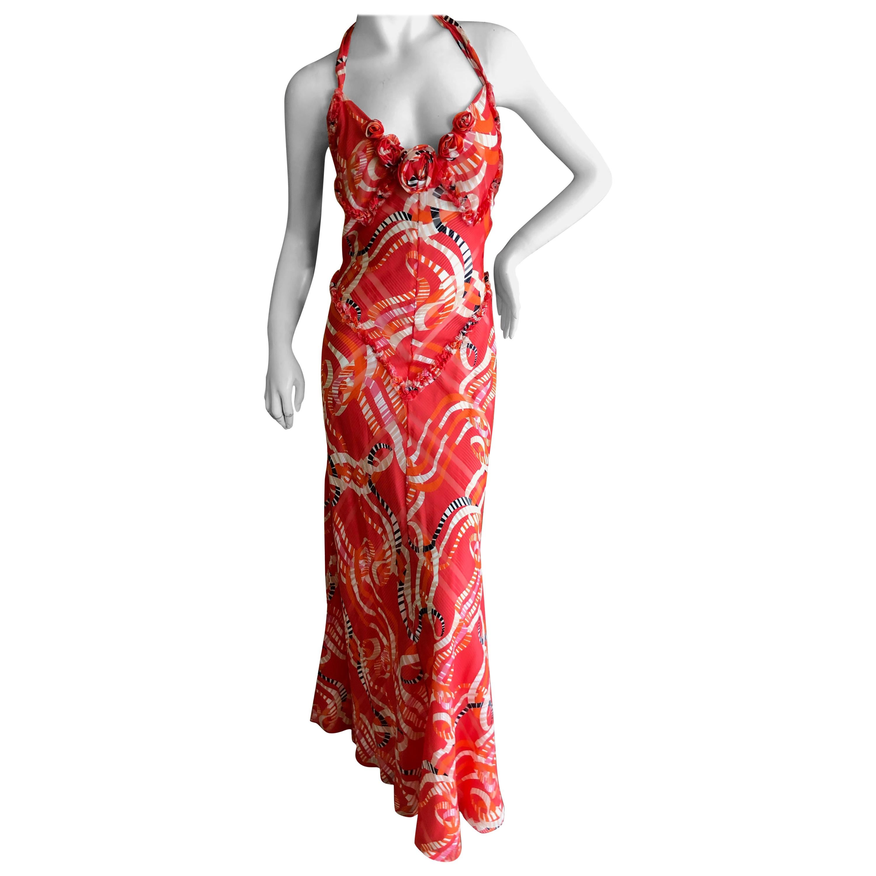 Nina Ricci by Peter Copping Romantic Ribbon Pattern Halter Tie Back Silk Dress   For Sale