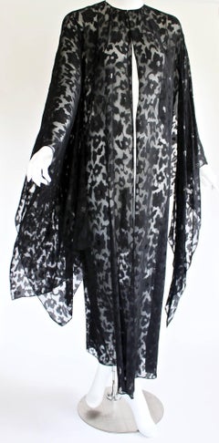 Nina Ricci Couture Black Floral Devoré  Silk Kimono Sleeve Caftan  Dress