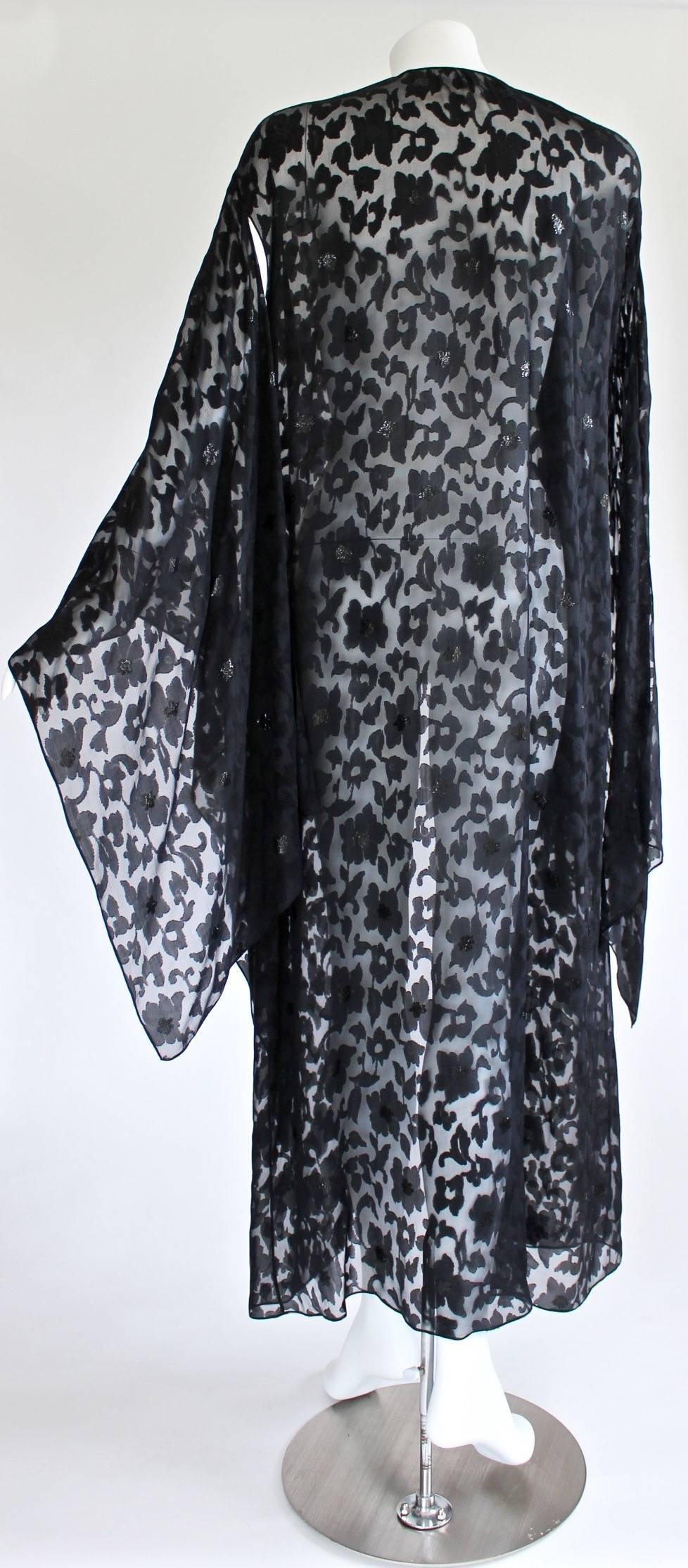 Nina Ricci Couture Black Floral Devoré  Silk Kimono Sleeve Caftan  Dress In Excellent Condition In Boca Raton, FL