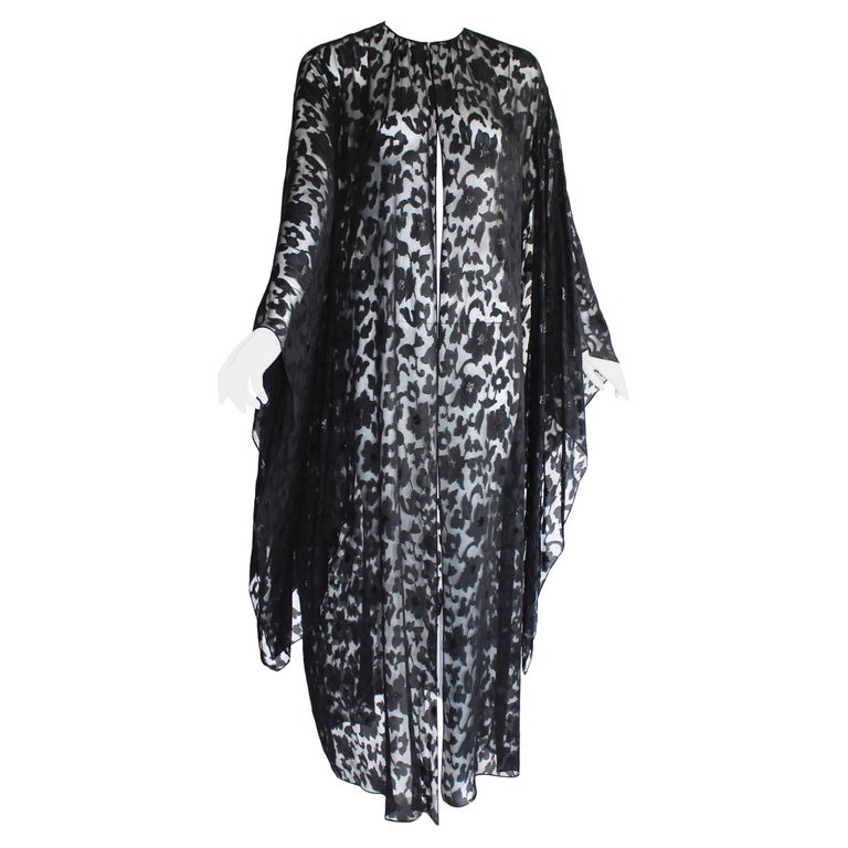 Nina Ricci Couture Black Floral Devor Silk Kimono Sleeve Caftan Dress