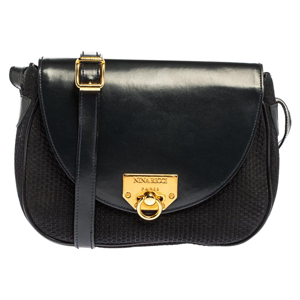 Nina Ricci Dark Blue Woven Suede and Leather Flap Shoulder Bag at