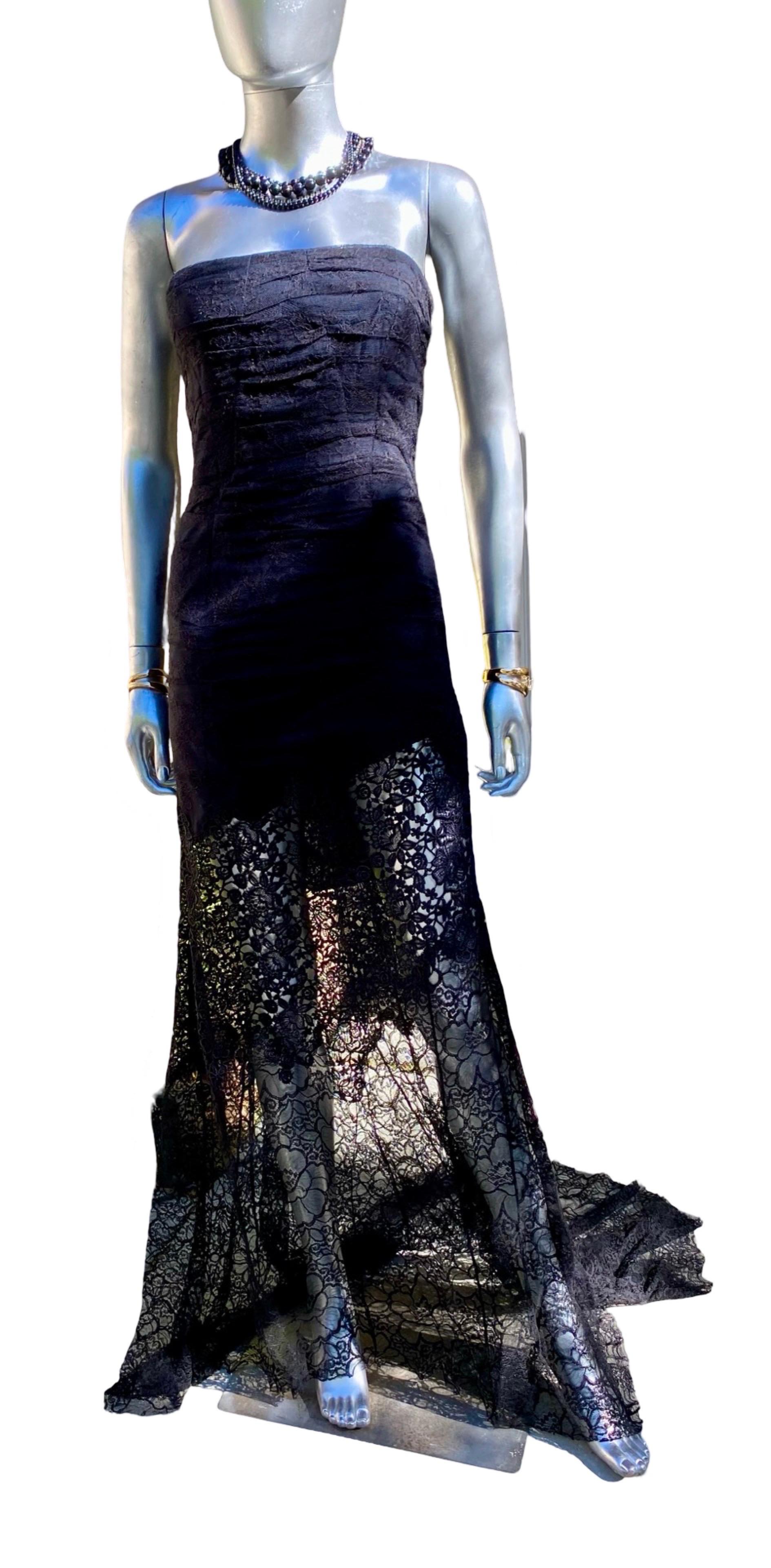 Nina Ricci Drapiert Schwarz Spitze CHIC Französisch trägerlosen Kleid w / Zug Größe EU36 US 4 im Angebot 1