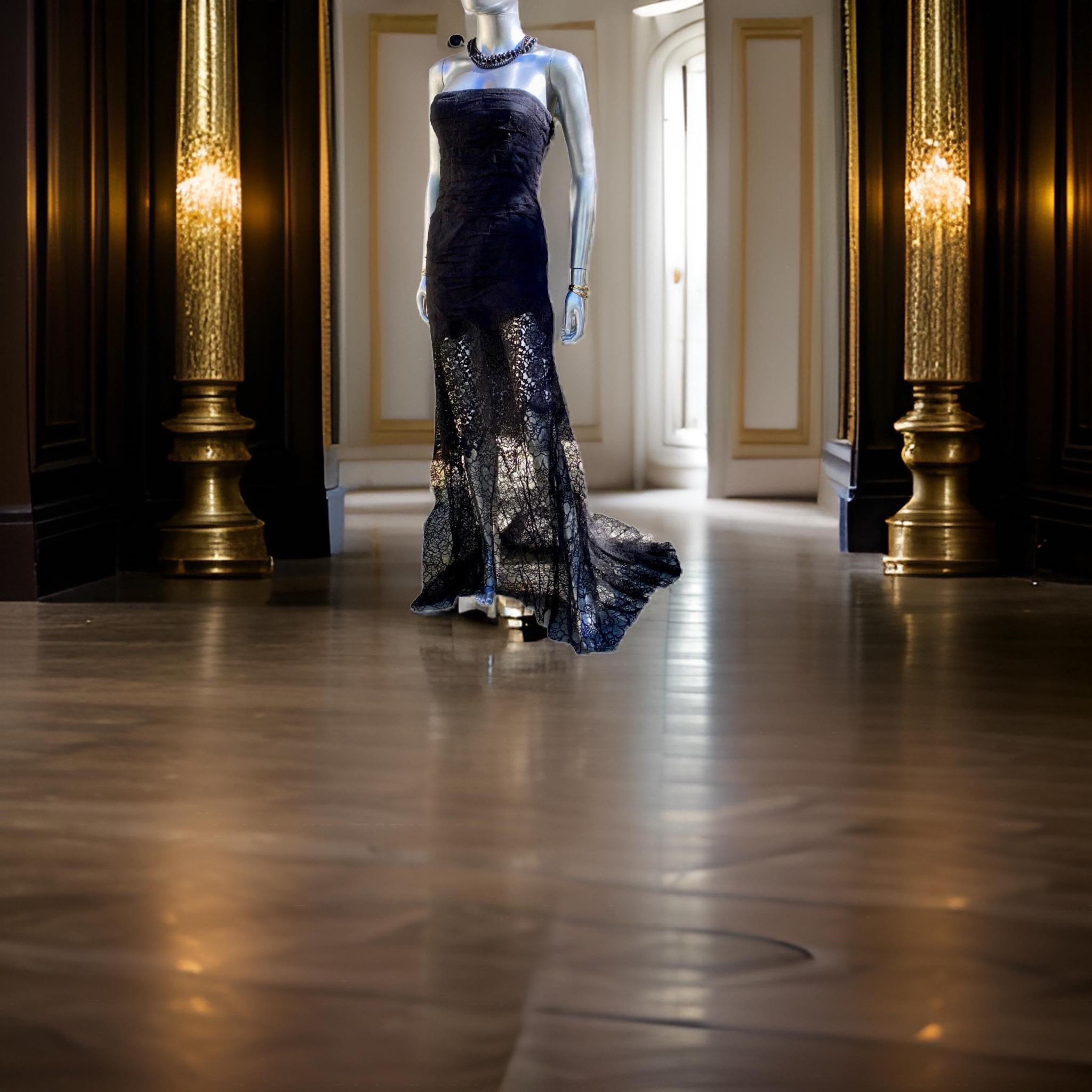 Nina Ricci Drapiert Schwarz Spitze CHIC Französisch trägerlosen Kleid w / Zug Größe EU36 US 4 im Angebot 3