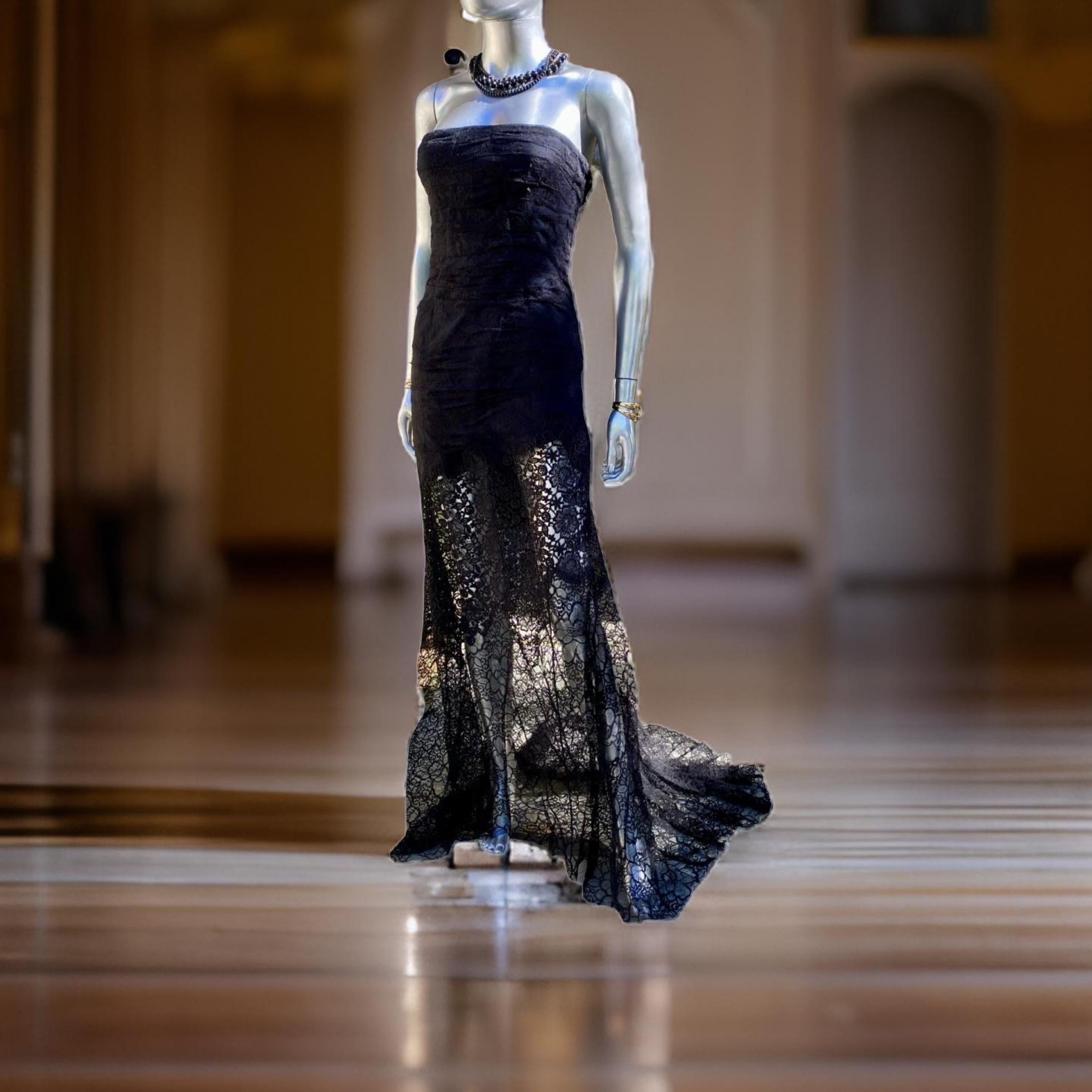 Nina Ricci Drapiert Schwarz Spitze CHIC Französisch trägerlosen Kleid w / Zug Größe EU36 US 4 im Angebot 4