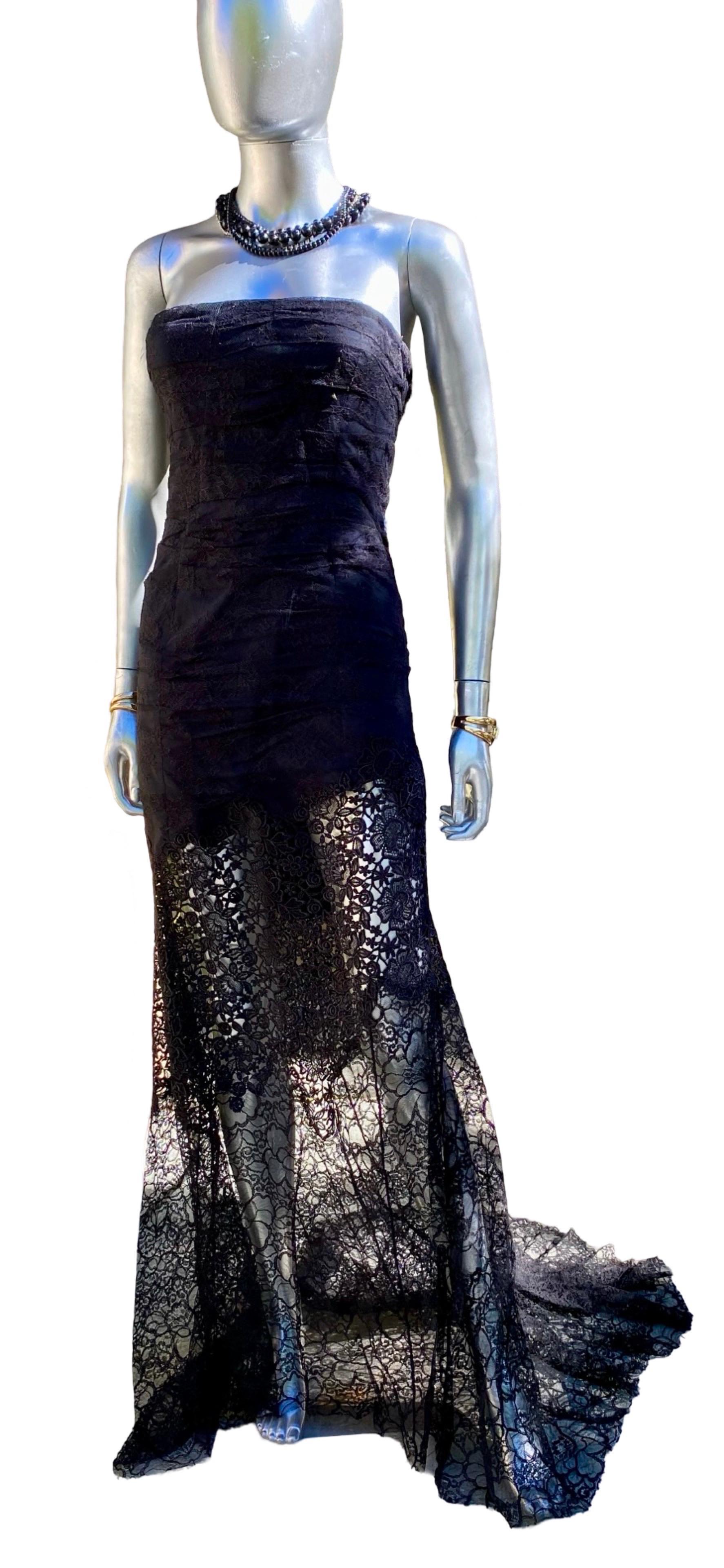 Nina Ricci Drapiert Schwarz Spitze CHIC Französisch trägerlosen Kleid w / Zug Größe EU36 US 4 im Angebot 5