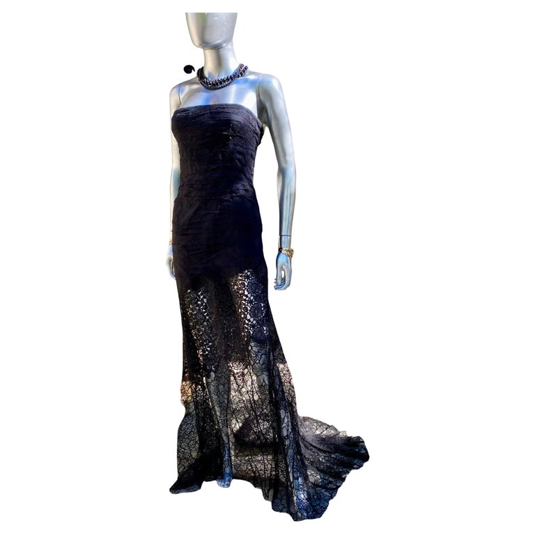 Nina Ricci Draped Black Lace CHIC French Strapless Gown w/ Train Size EU36  US 4 For Sale at 1stDibs