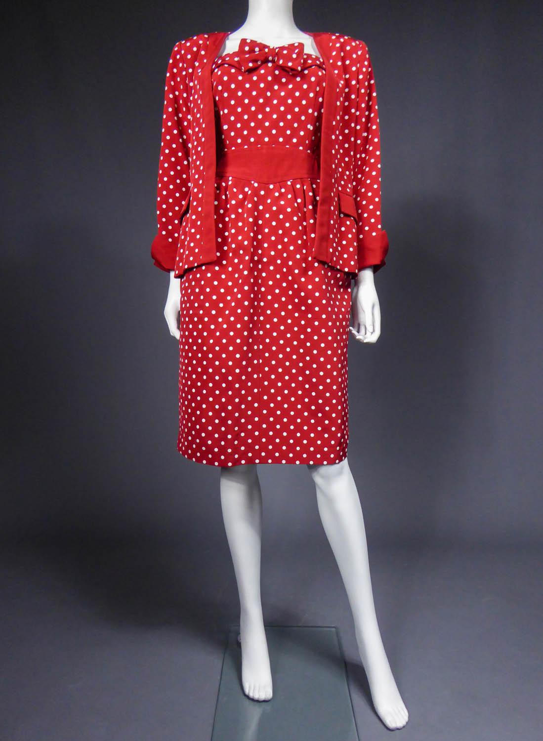 A Nina Ricci Dress and Jacket Silk Polka Dot Set - Circa 1980 For Sale 9