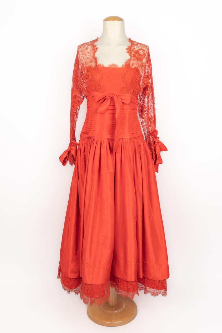 nina ricci red lace dress strapless open back dress Nina Ricci Couture Red Corded Lace Evening  Ensemble