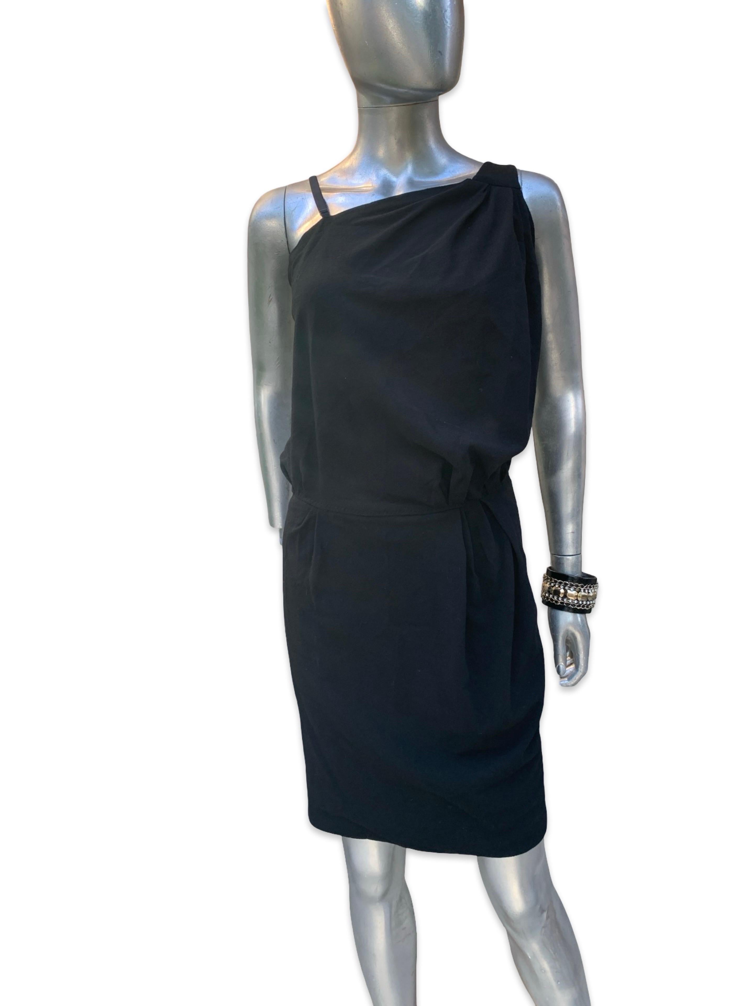 Nina Ricci France Little Black Crepe Asymmetrical Modern Draped Dress Sz 6/ EU40 Unisexe en vente
