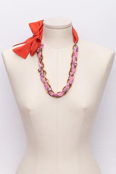 Nina Ricci Gilded Metal, Pink Rhinestones, and Ribbon Necklace