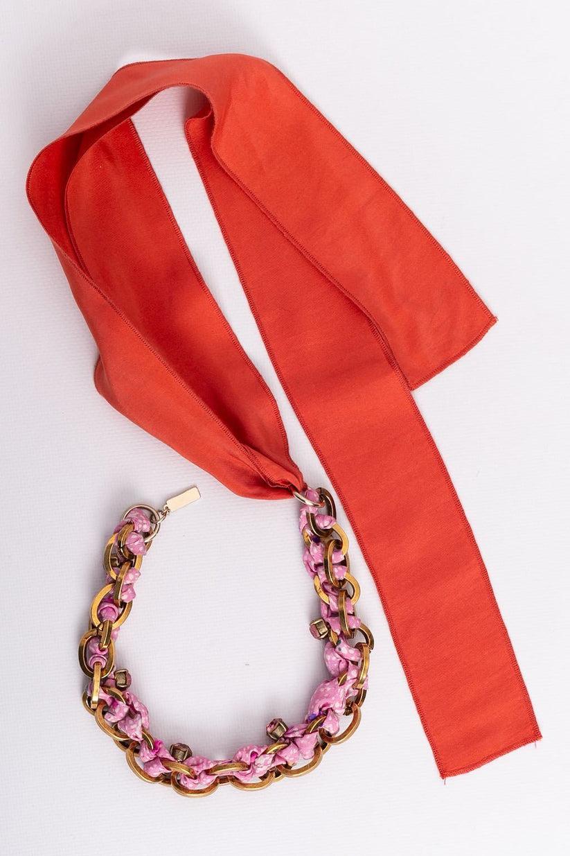 Nina Ricci Gilded Metal, Pink Rhinestones, and Ribbon Necklace For Sale 1