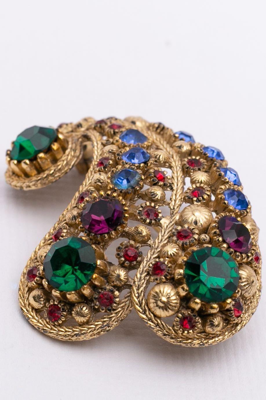 Women's Nina Ricci Gilted Metal Brooch with Rhinestones For Sale
