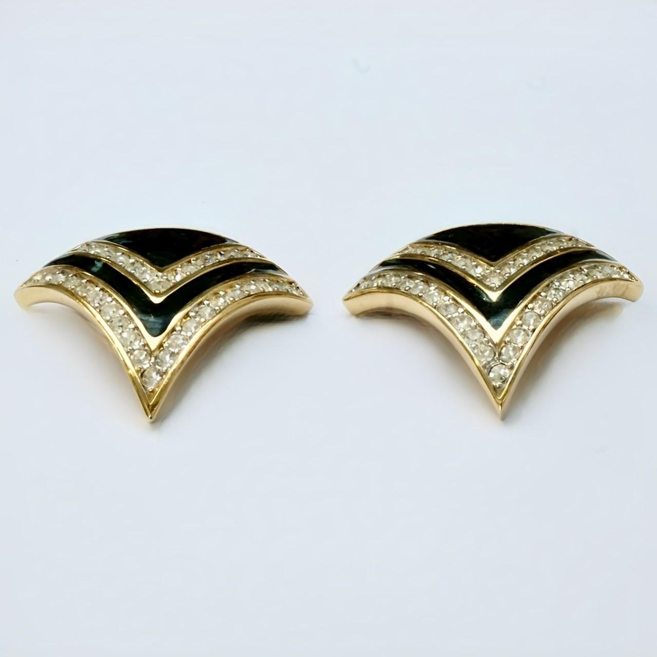 Women's or Men's Nina Ricci Gold Plated Black Enamel Rhinestone Statement Earrings circa 1980s For Sale