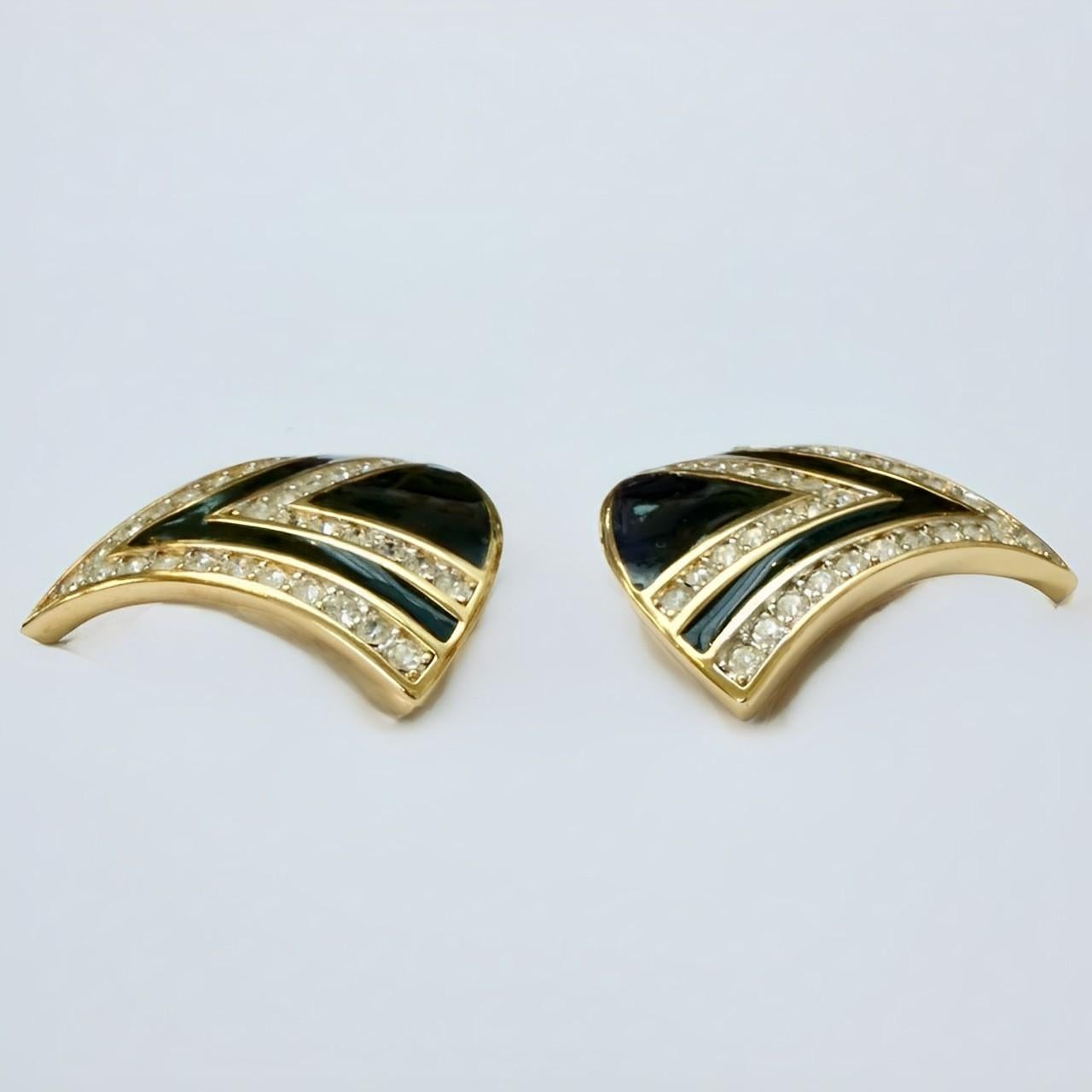 Nina Ricci Gold Plated Black Enamel Rhinestone Statement Earrings circa 1980s For Sale 1