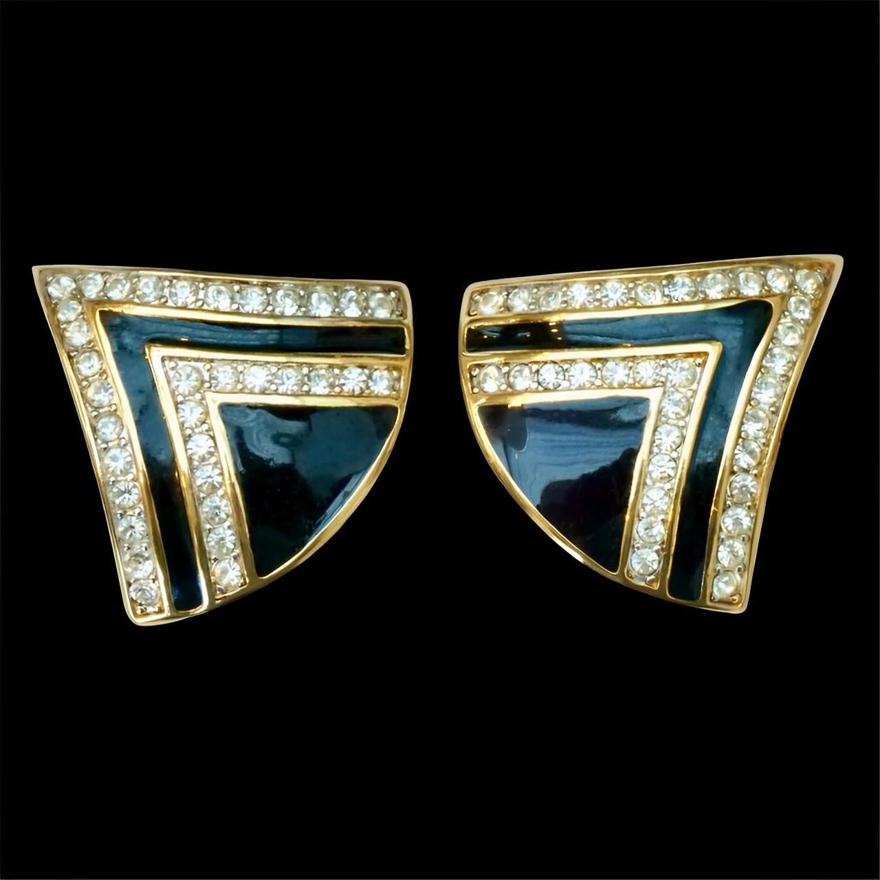 Nina Ricci Gold Plated Black Enamel Rhinestone Statement Earrings circa 1980s For Sale 3
