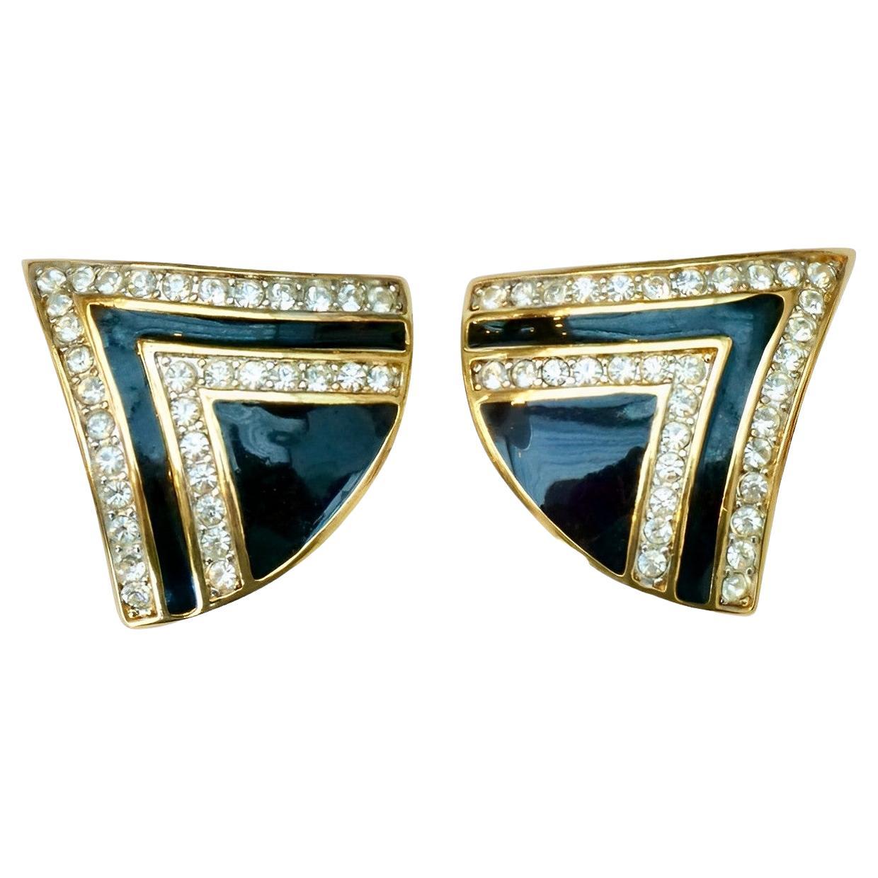 Nina Ricci Gold Plated Black Enamel Rhinestone Statement Earrings circa 1980s For Sale
