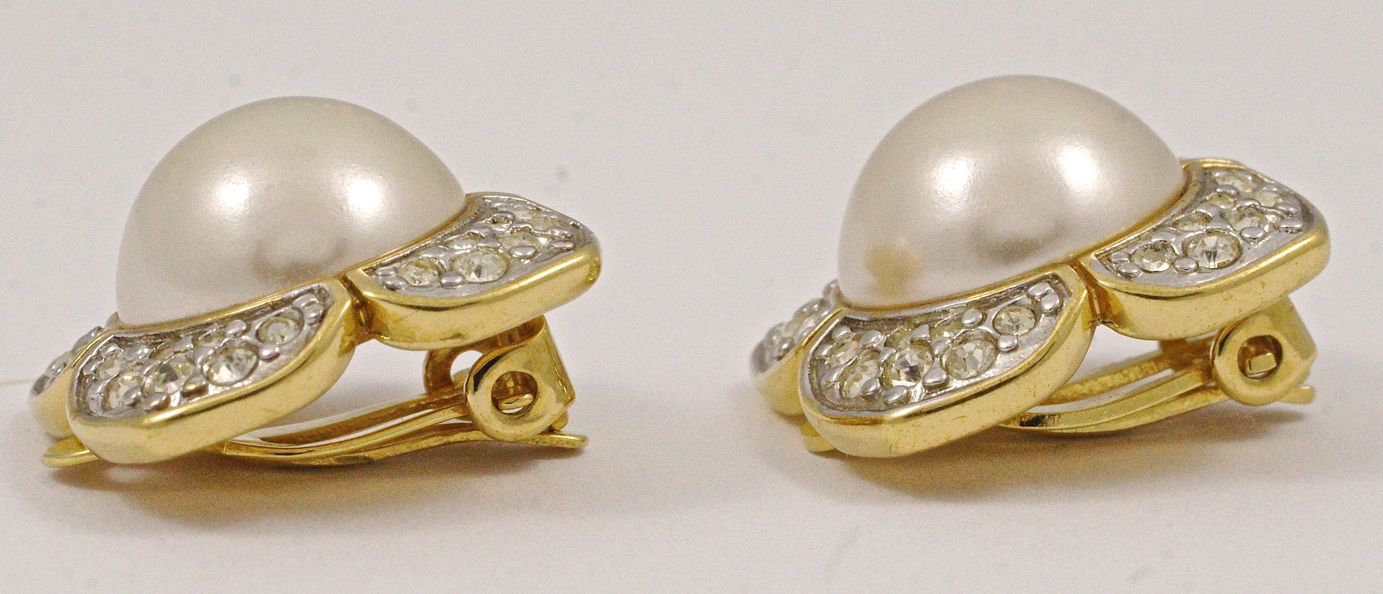 Nina Ricci Gold Plated Faux Pearl Rhinestone Clip on Earrings circa 1980s In Good Condition In London, GB