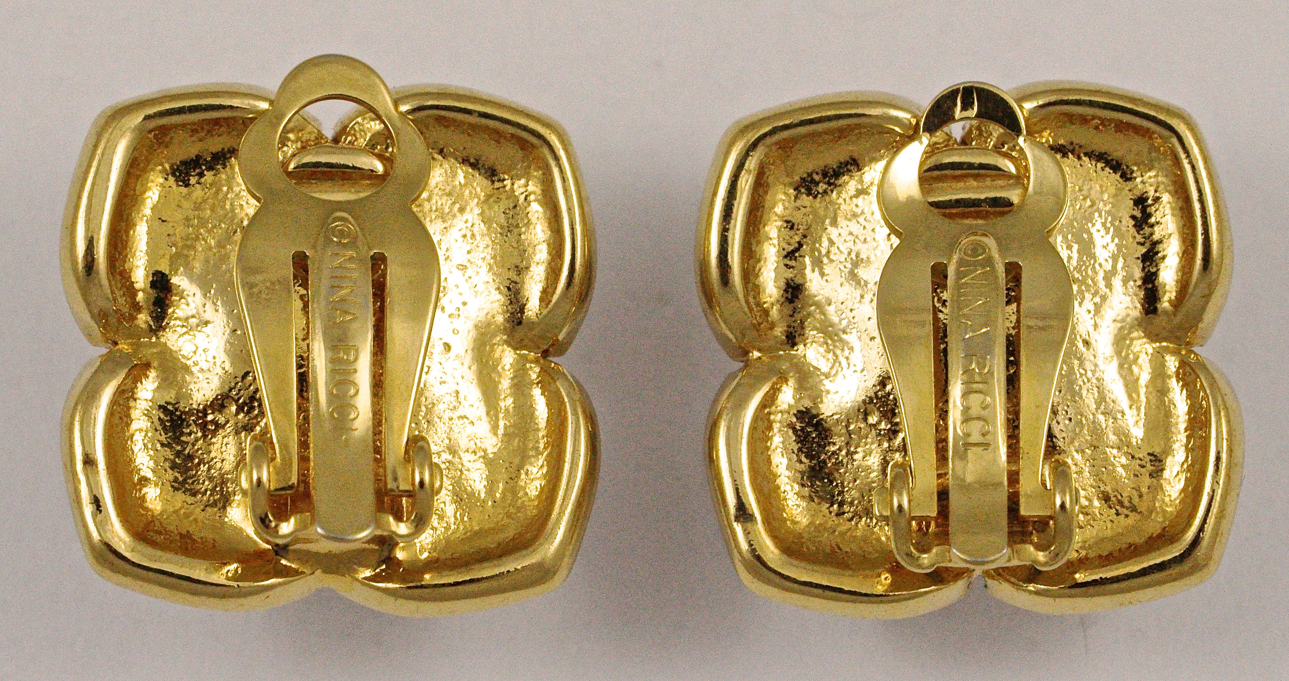 Women's or Men's Nina Ricci Gold Plated Faux Pearl Rhinestone Clip on Earrings circa 1980s