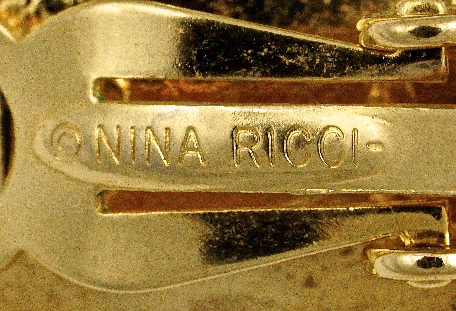 Nina Ricci Gold Plated Faux Pearl Rhinestone Clip on Earrings circa 1980s 1