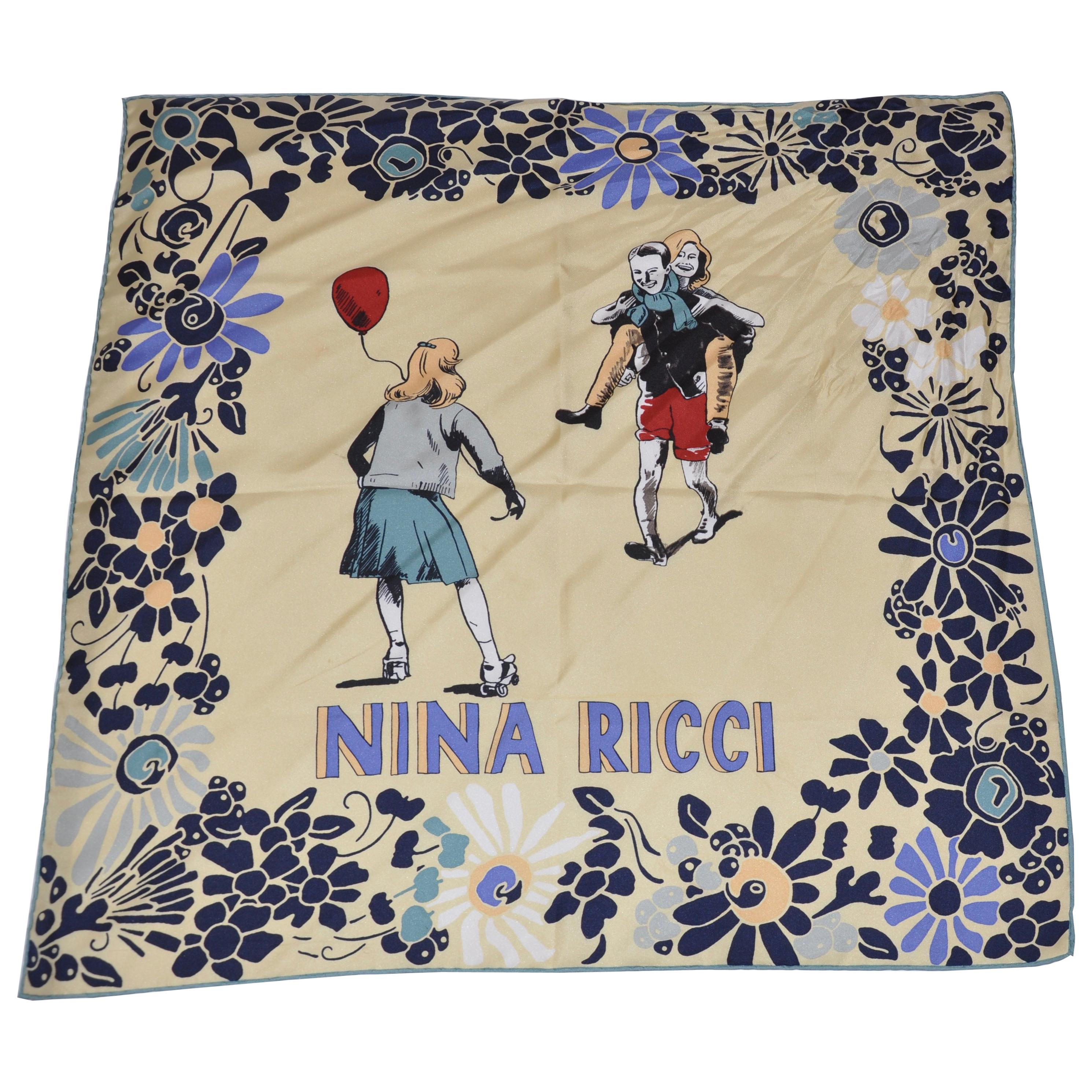 Authentic 1980s Made in Italy Nina Ricci luxury designer silk scarf vintage square floral bird