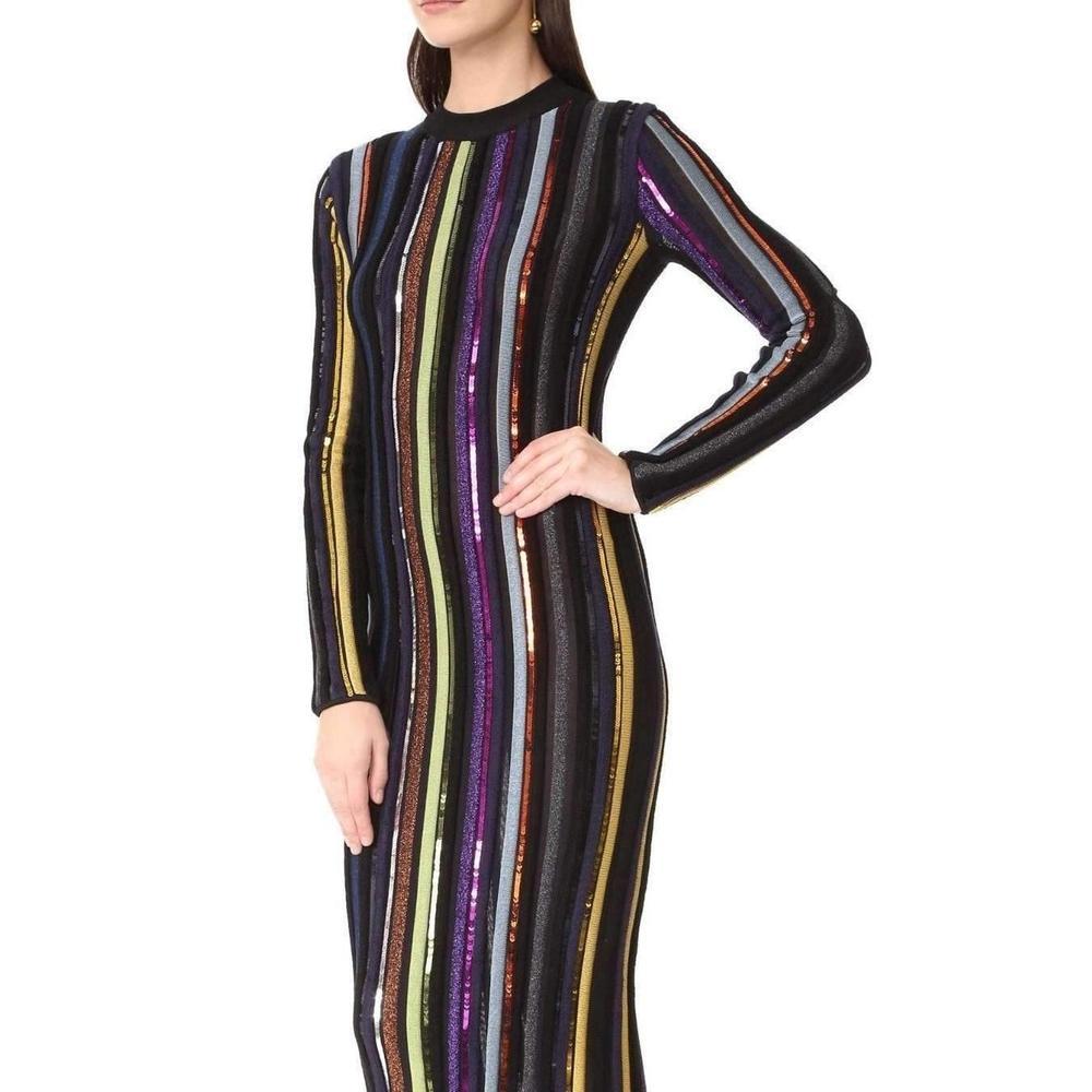 Black NINA RICCI Long Sleeve Sequin Embellished Knit Bayadere Dress SMALL For Sale