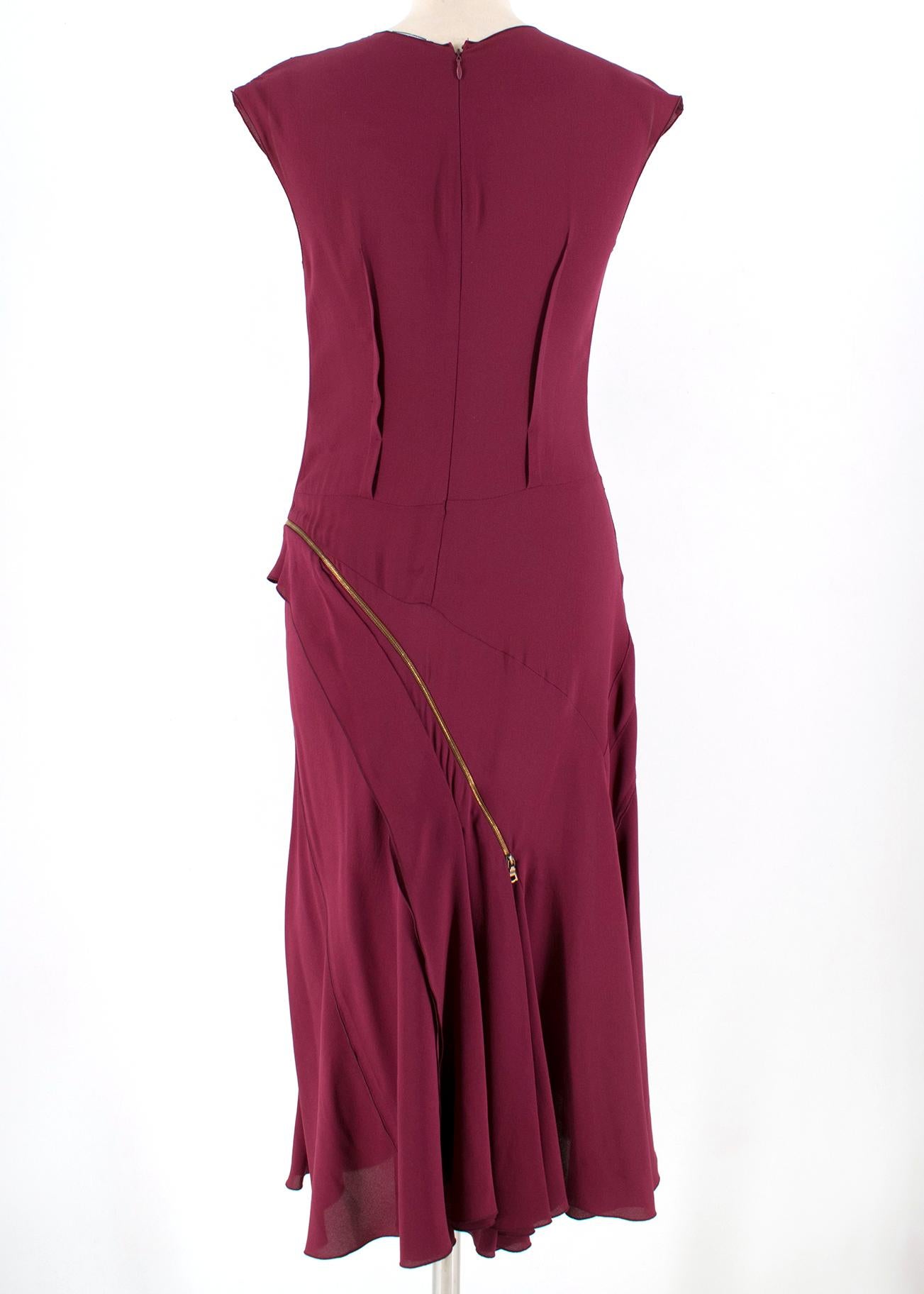 Red Nina Ricci Maroon Pintucked Asymmetric Zip Detail Silk Dress  38