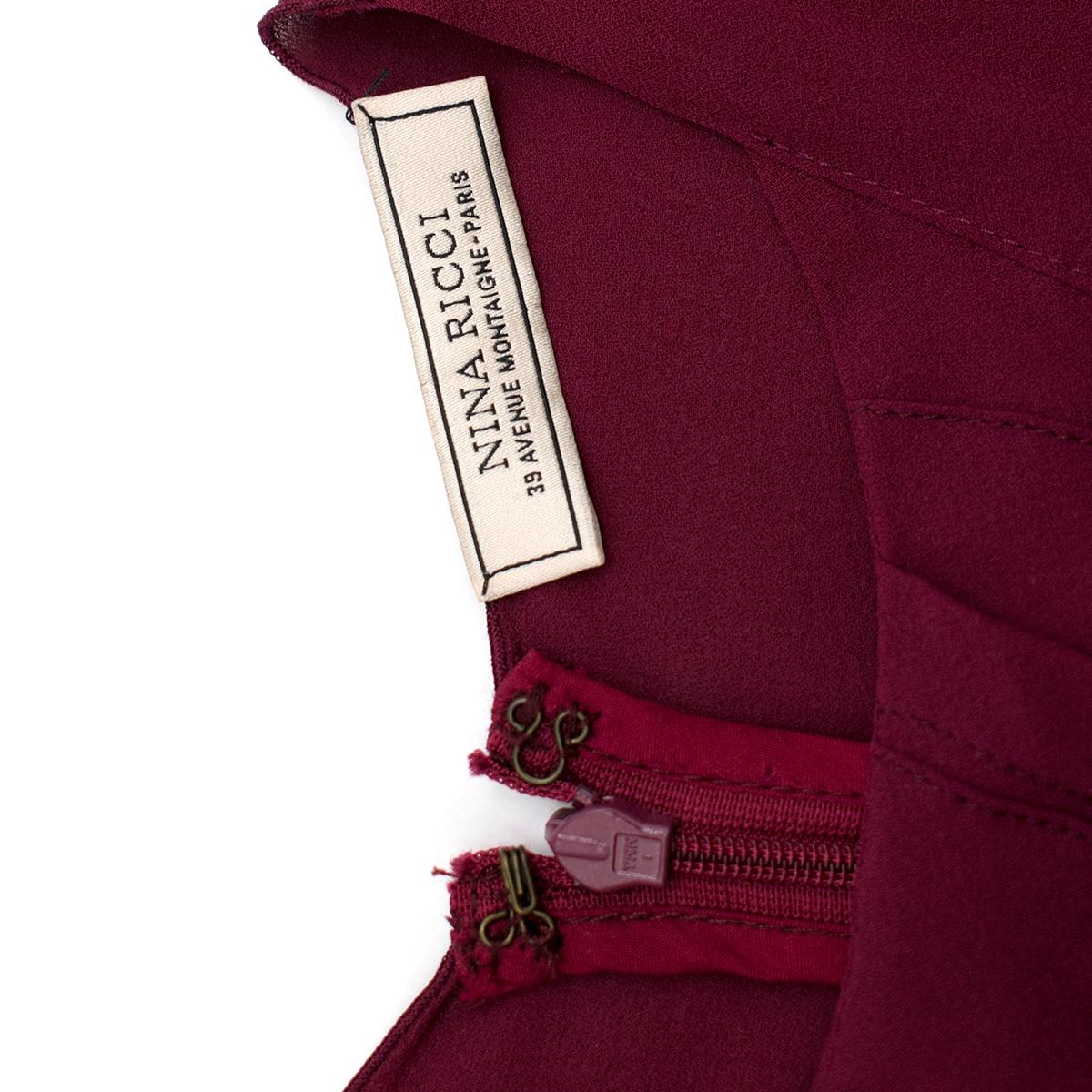 Nina Ricci Maroon Pintucked Asymmetric Zip Detail Silk Dress  38 1