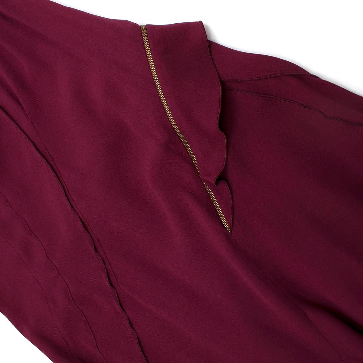 Nina Ricci Maroon Pintucked Asymmetric Zip Detail Silk Dress  38 2