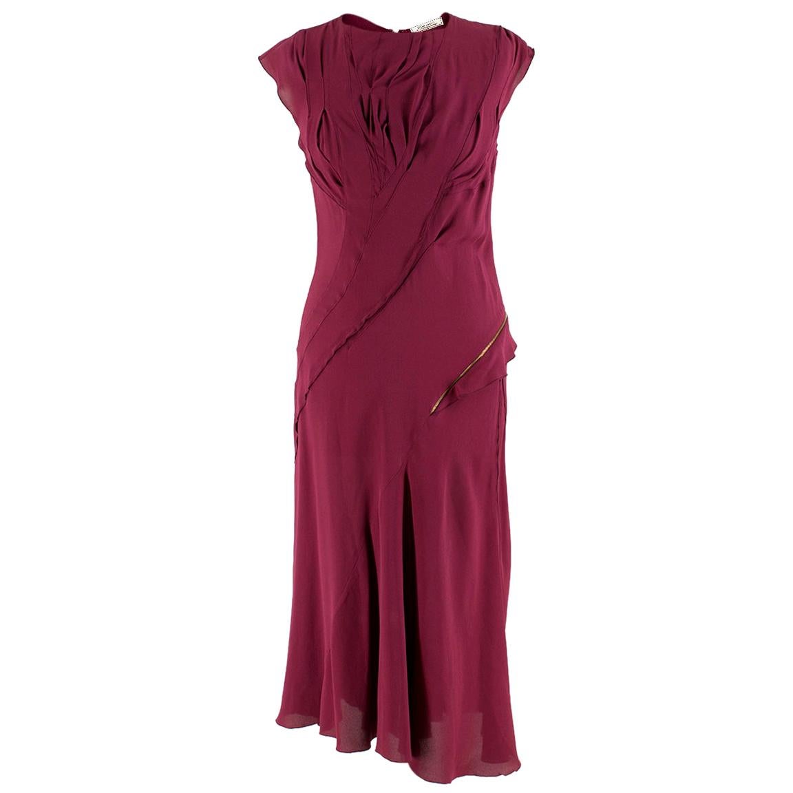 Nina Ricci Maroon Pintucked Asymmetric Zip Detail Silk Dress  38