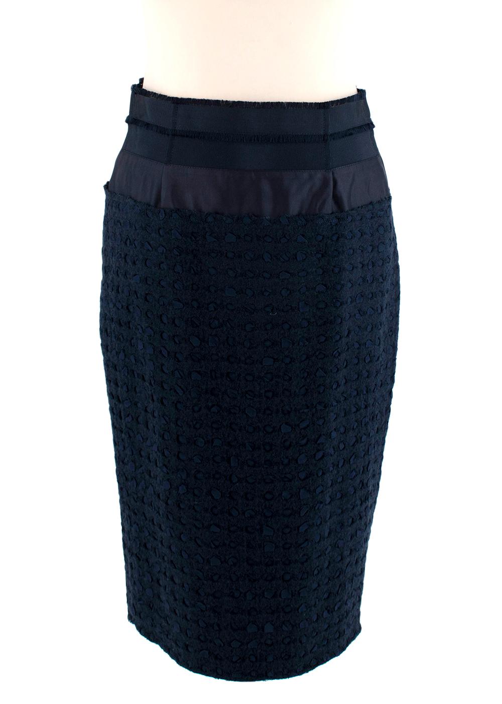 Black Nina Ricci Navy Blue Textured Boucle Wool & Ribbon Skirt Suit Set - US 6 For Sale
