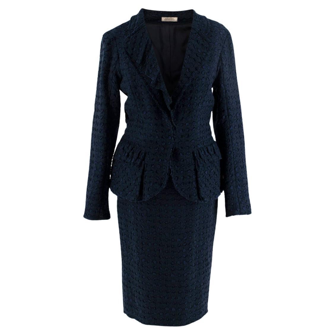 Nina Ricci Navy Blue Textured Boucle Wool & Ribbon Skirt Suit Set - US 6 For Sale