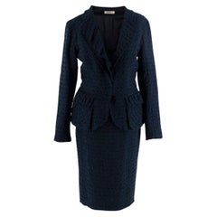 Nina Ricci Navy Blue Textured Boucle Wool & Ribbon Skirt Suit Set - US 6
