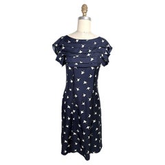 Nina Ricci Navy Silk Swallow Print Ruffle Dress, circa 2010