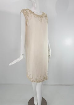 Nina Ricci Off White Silk Sleeveless Shift Dress with Beaded Bodice & Hem
