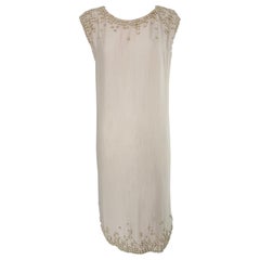 Nina Ricci Off White Silk Sleeveless Shift Dress with Beaded Bodice & Hem