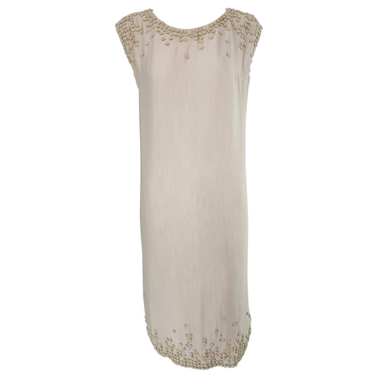 Nina Ricci Off White Silk Sleeveless Shift Dress with Beaded Bodice and Hem For Sale at 1stDibs
