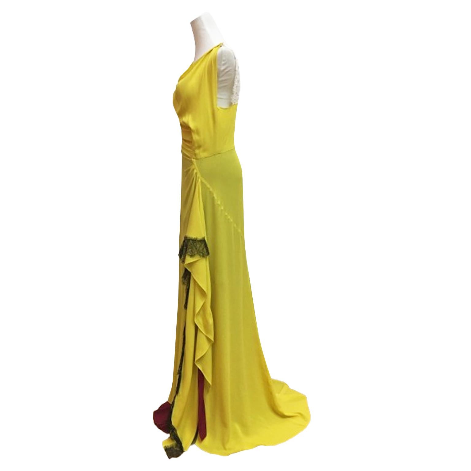Women's Nina Ricci Olivier Theyskens Sample Dress Gown Yellow Black Lace circa 2010 For Sale