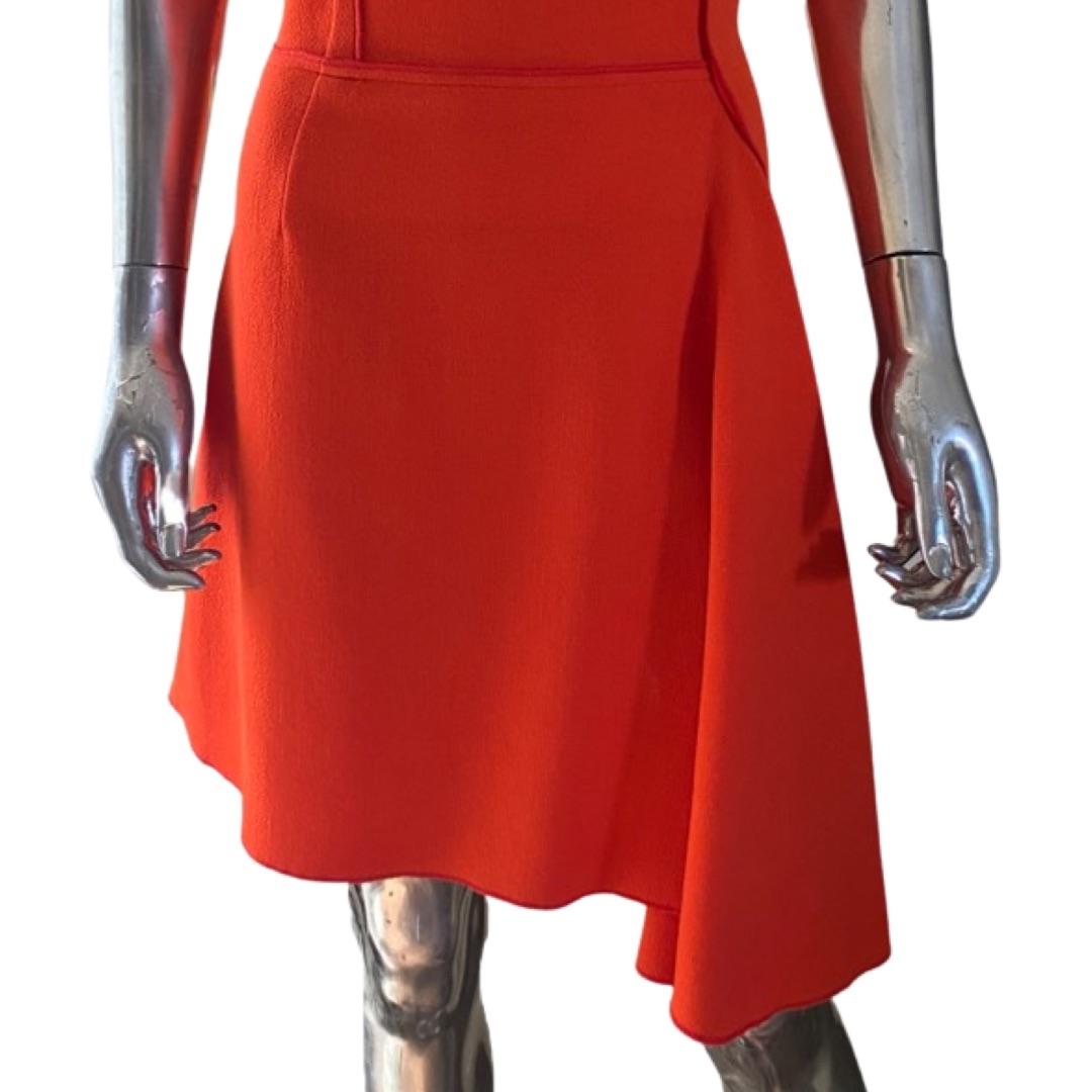Red Nina Ricci Paris Draped Front Orange Wool Crepe Sleeveless Dress Size 8