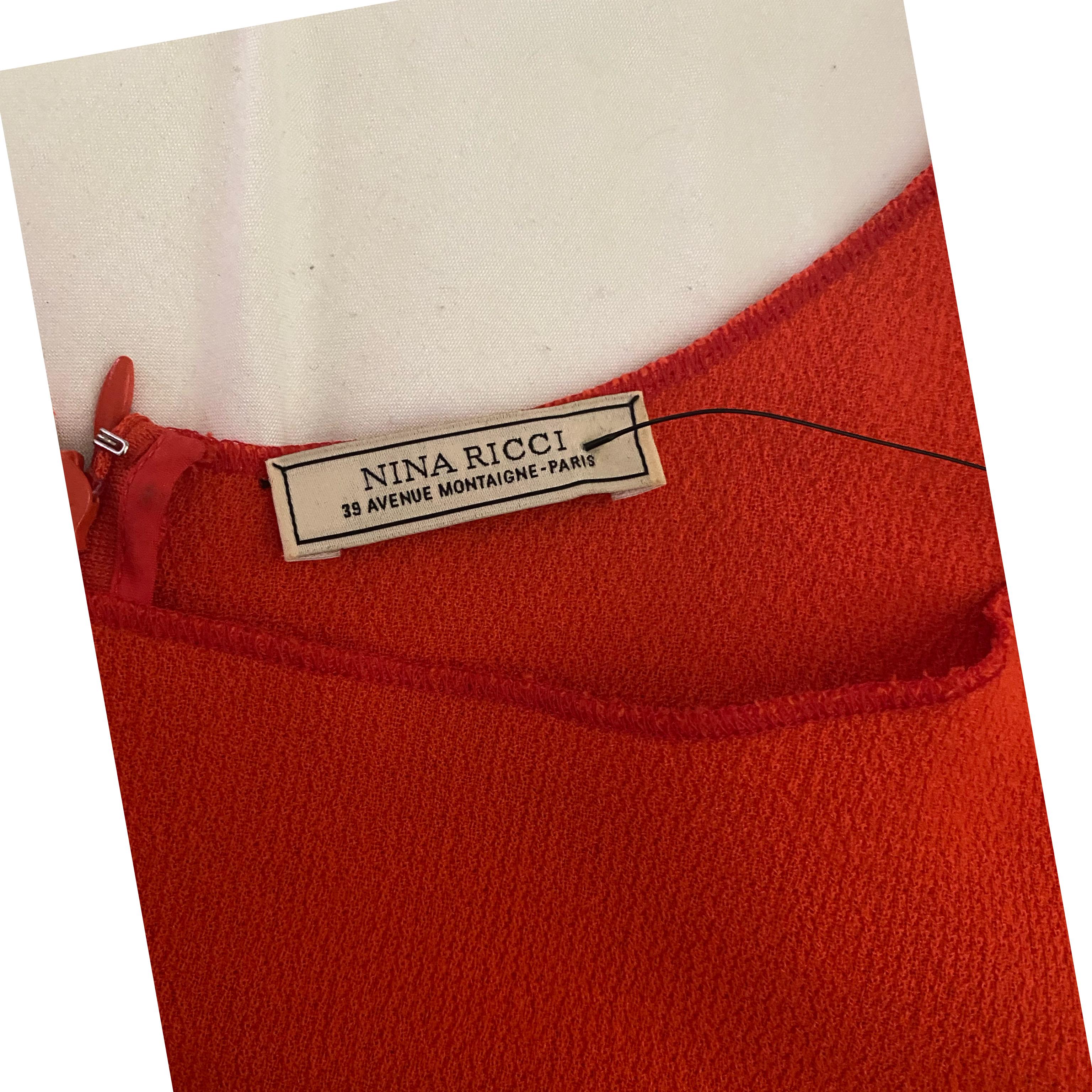 Nina Ricci Paris Draped Front Orange Wool Crepe Sleeveless Dress Size 8 1