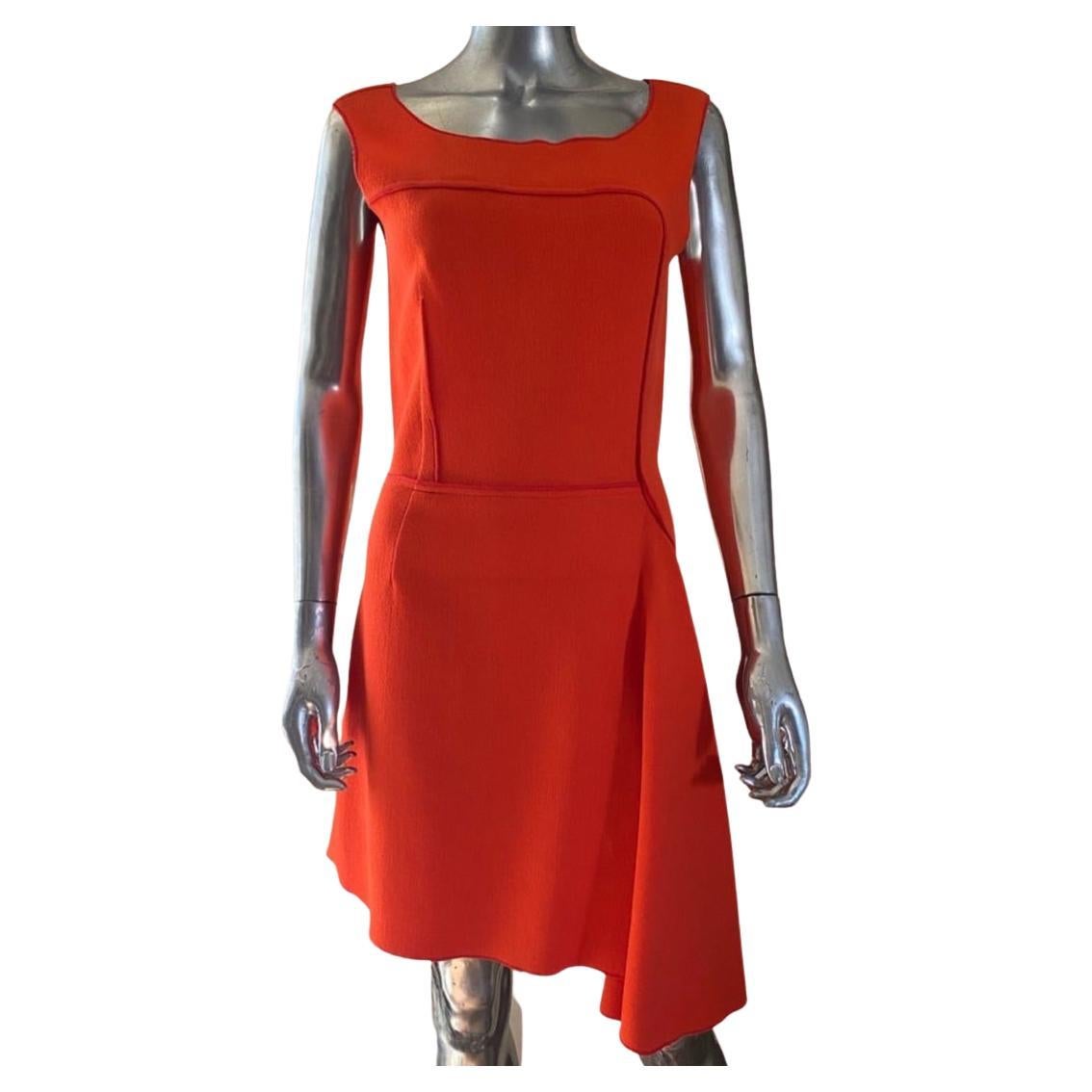 Nina Ricci Paris Draped Front Orange Wool Crepe Sleeveless Dress Size 8